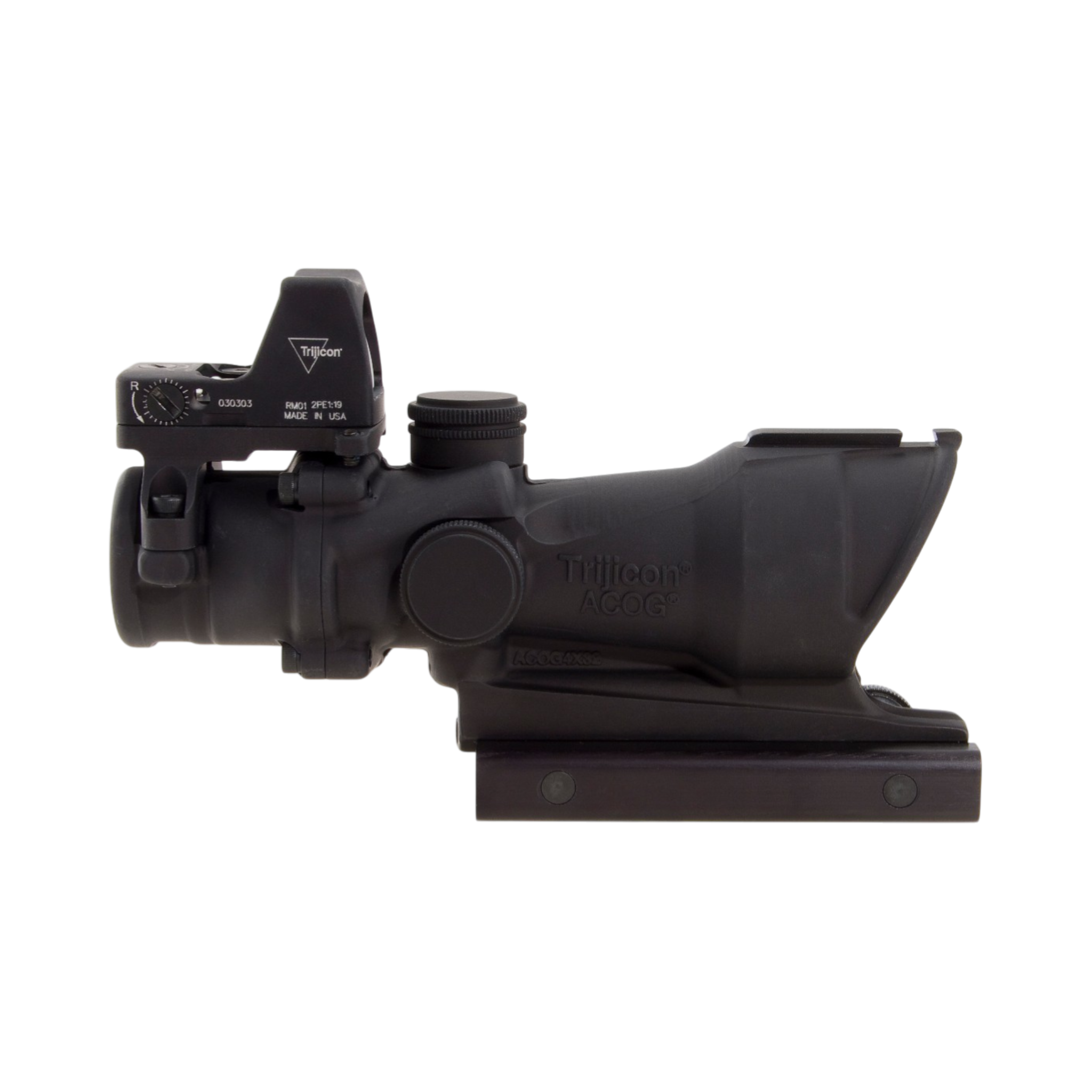 Trijicon ACOG® 4x32 Scope, Amb. CH .223 Reticle, Colt Knob Mount & 3.25 MOA Red RMR Type 2