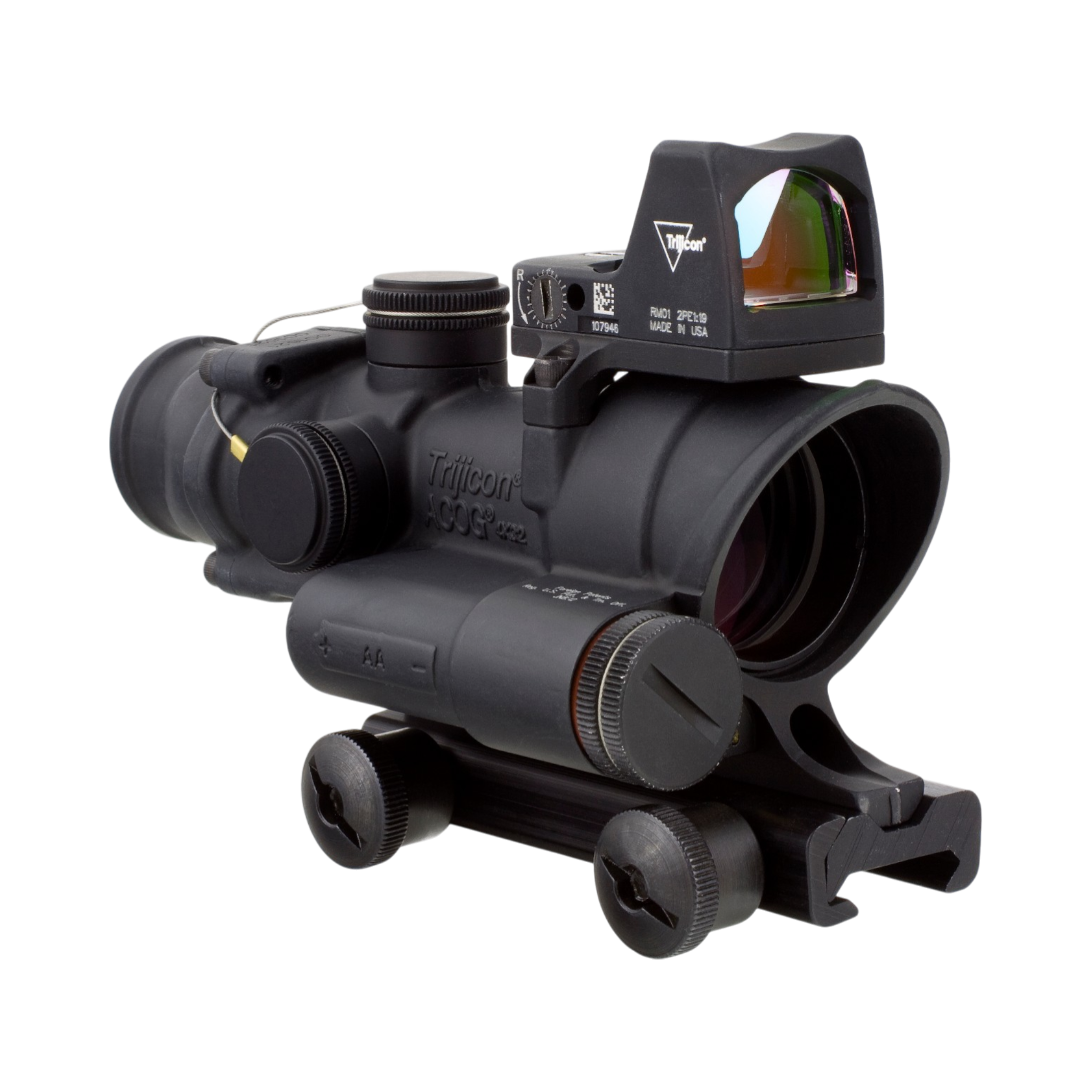 Trijicon ACOG® 4x32 Scope, Red Crosshair .223 Reticle, Colt Knob Mount & 3.25 MOA Red RMR Type 2