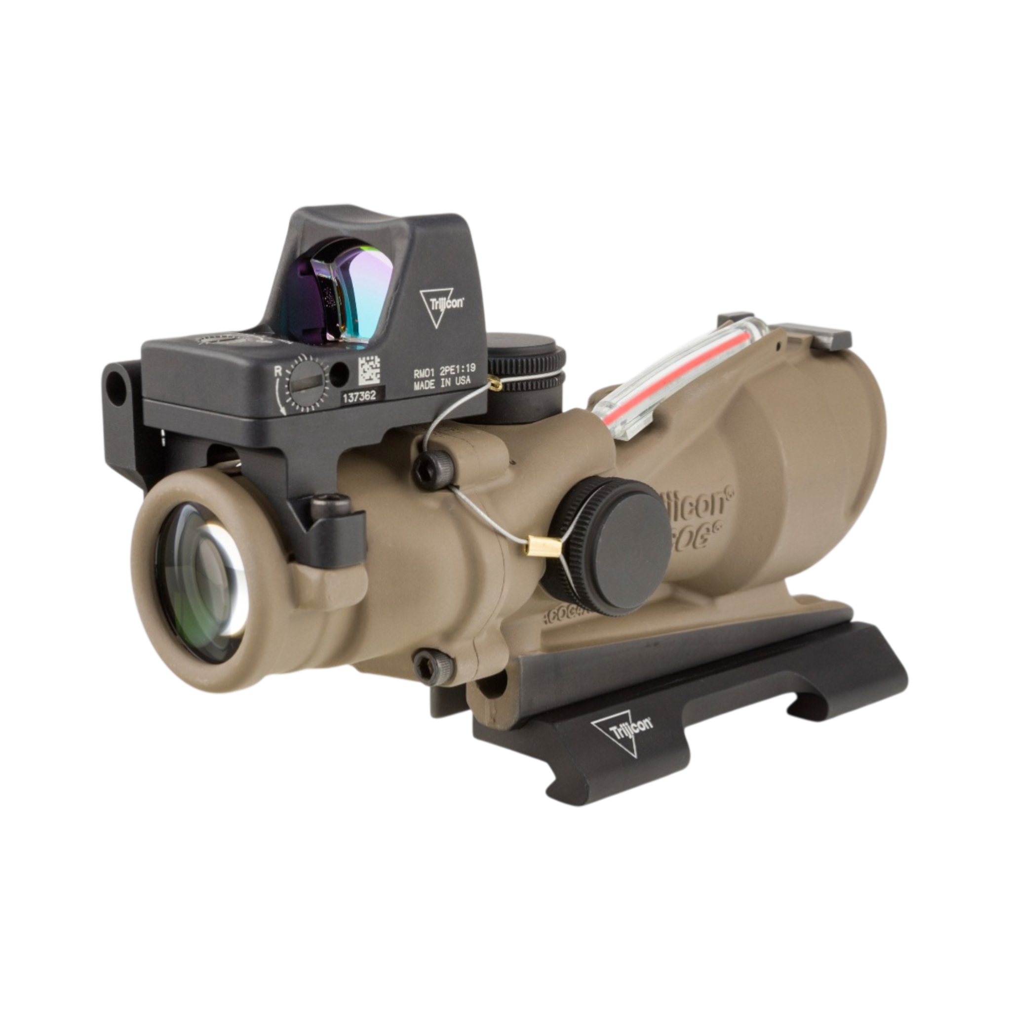 Trijicon ACOG® 4x32 ECOS, D.I. Red Crosshair 5.56 Reticle, BUIS, QR & 3.25 MOA Red RMR Type 2, FDE