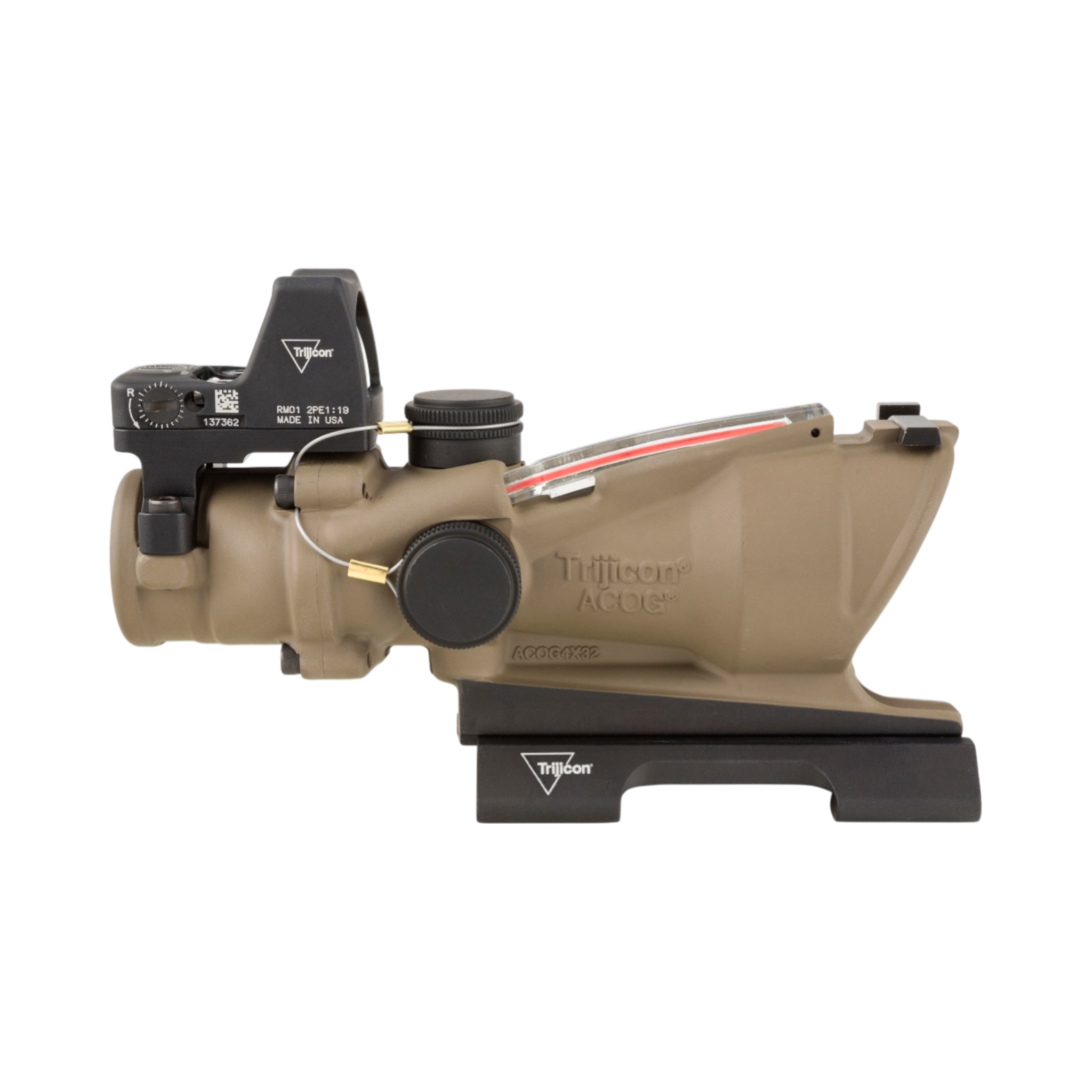 Trijicon ACOG® 4x32 ECOS, D.I. Red Crosshair 5.56 Reticle, BUIS, QR & 3.25 MOA Red RMR Type 2, FDE