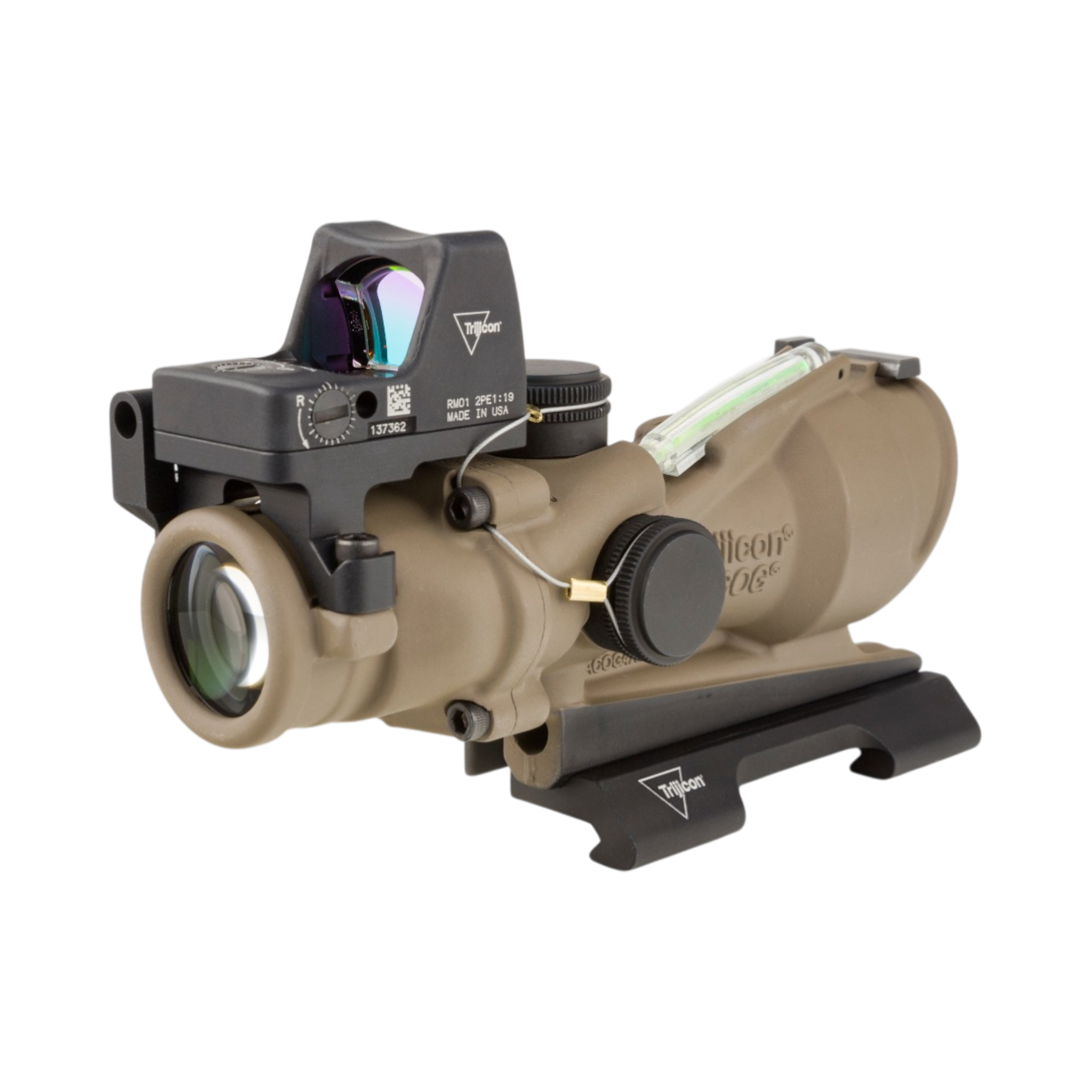 Trijicon ACOG® 4x32 ECOS, D.I. Green Crosshair 5.56 Reticle, BUIS, QR & 3.25 MOA Red RMR Type 2, FDE