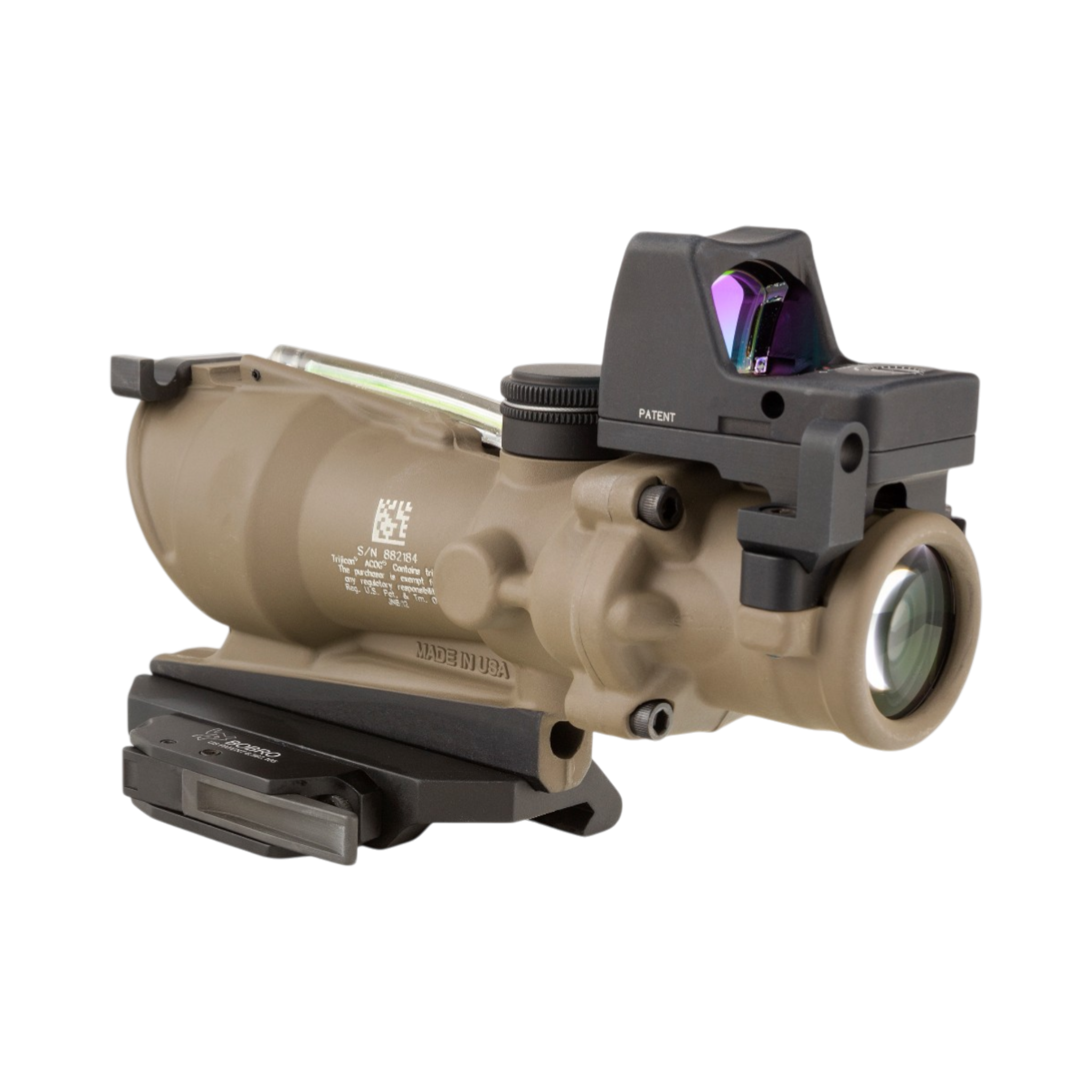 Trijicon ACOG® 4x32 ECOS, D.I. Green Crosshair 5.56 Reticle, BUIS, QR & 3.25 MOA Red RMR Type 2, FDE