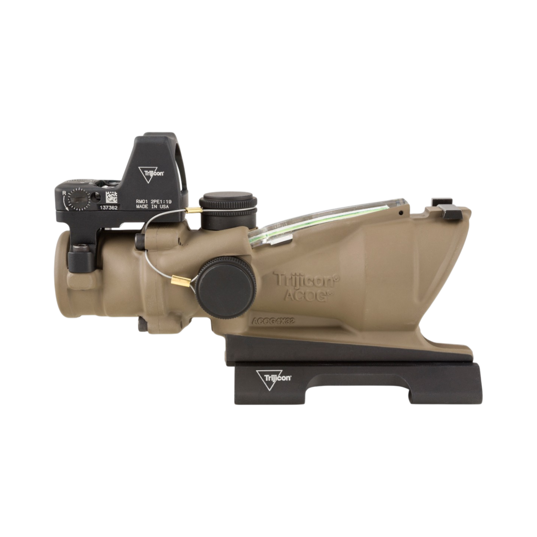 Trijicon ACOG® 4x32 ECOS, D.I. Green Crosshair 5.56 Reticle, BUIS, QR & 3.25 MOA Red RMR Type 2, FDE