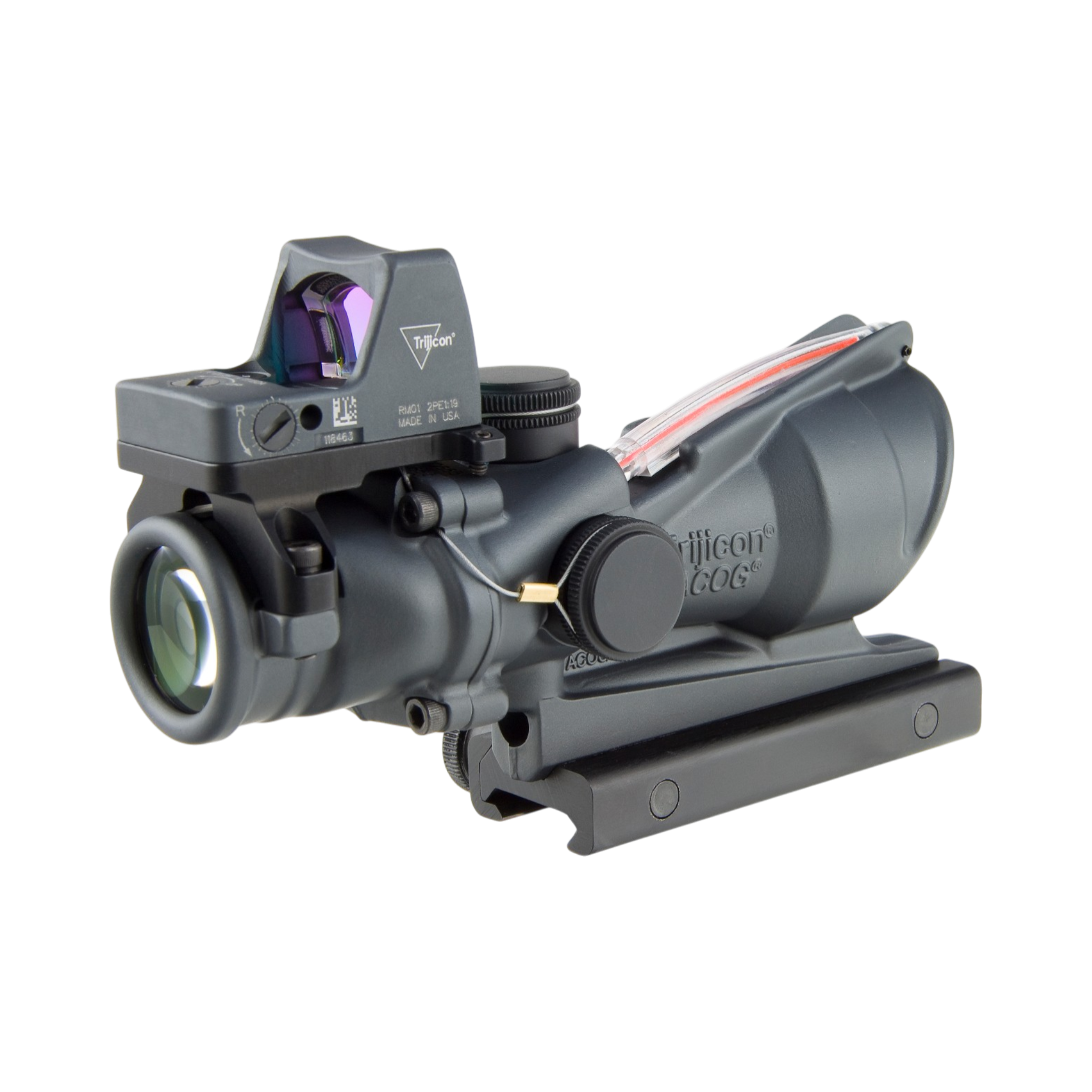 Trijicon ACOG® 4x32, D.I. Red Chevron .223 Reticle, Colt Knob Mount & 3.25 MOA Red RMR Type 2 Gray