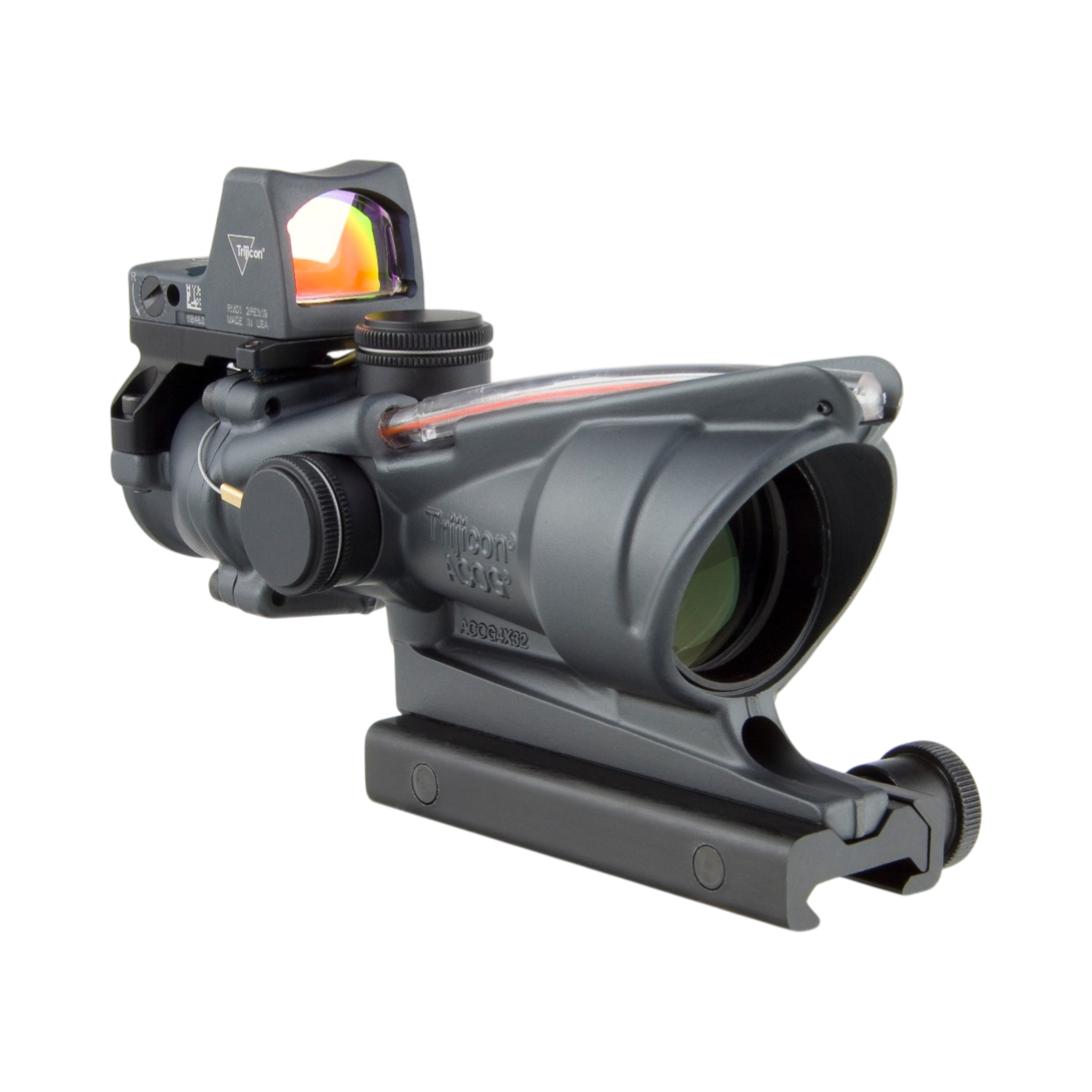 Trijicon ACOG® 4x32, D.I. Red Chevron .223 Reticle, Colt Knob Mount & 3.25 MOA Red RMR Type 2 Gray
