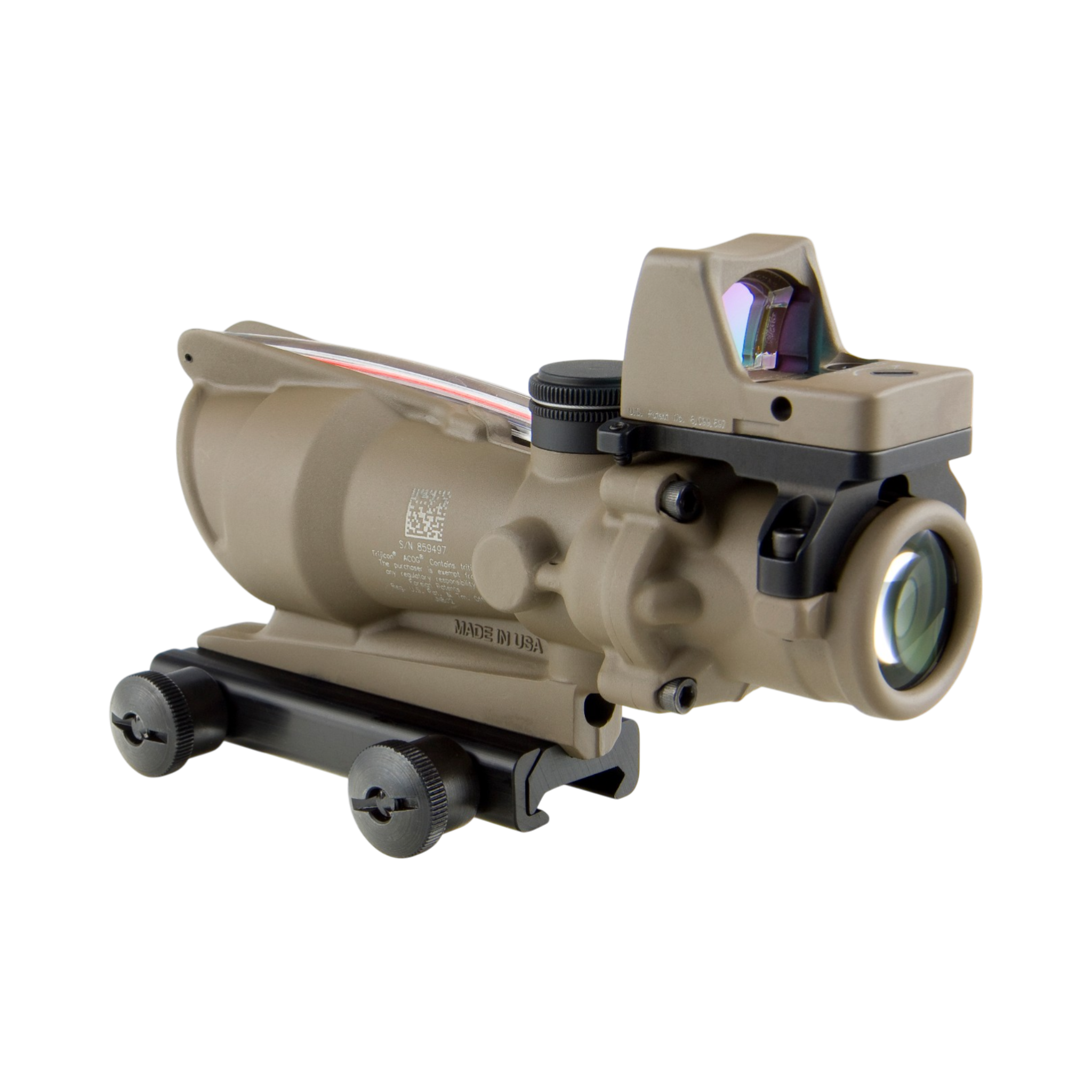 Trijicon ACOG® 4x32, D.I. Red Chevron .223 Reticle, Colt Knob Mount & 3.25 MOA Red RMR Type 2, FDE
