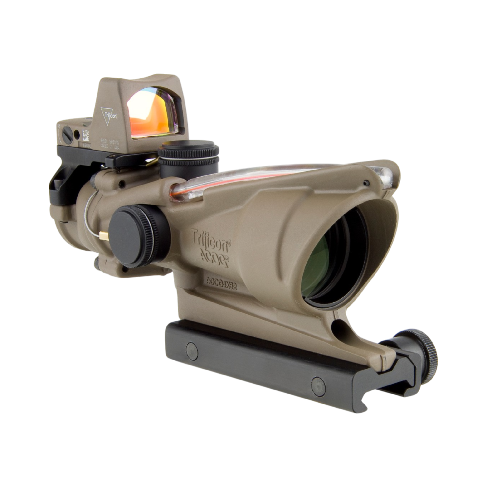 Trijicon ACOG® 4x32, D.I. Red Chevron .223 Reticle, Colt Knob Mount & 3.25 MOA Red RMR Type 2, FDE
