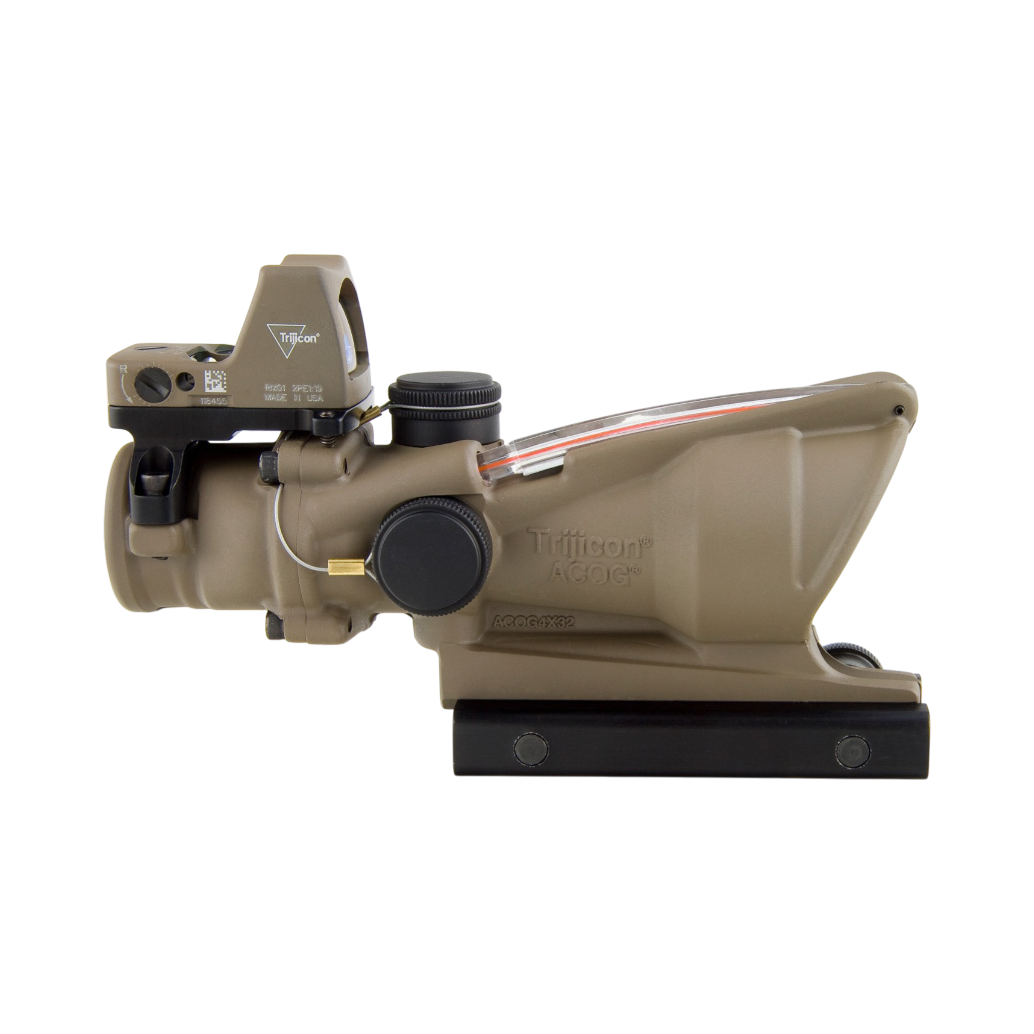 Trijicon ACOG® 4x32, D.I. Red Chevron .223 Reticle, Colt Knob Mount & 3.25 MOA Red RMR Type 2, FDE