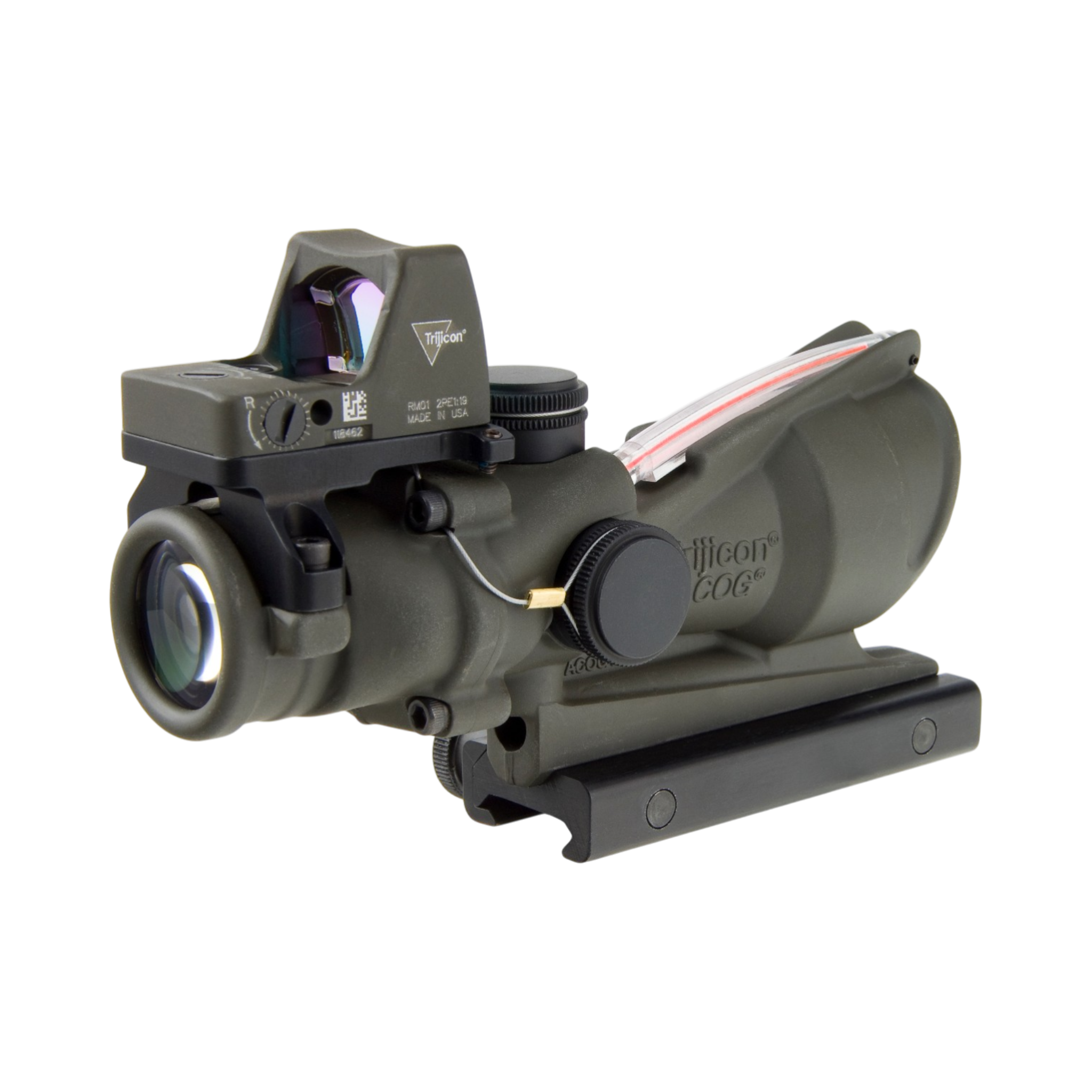 Trijicon ACOG® 4x32, D.I. Red Chevron .223 Reticle,Colt Knob Mount & 3.25 MOA Red RMR Type 2 ODG