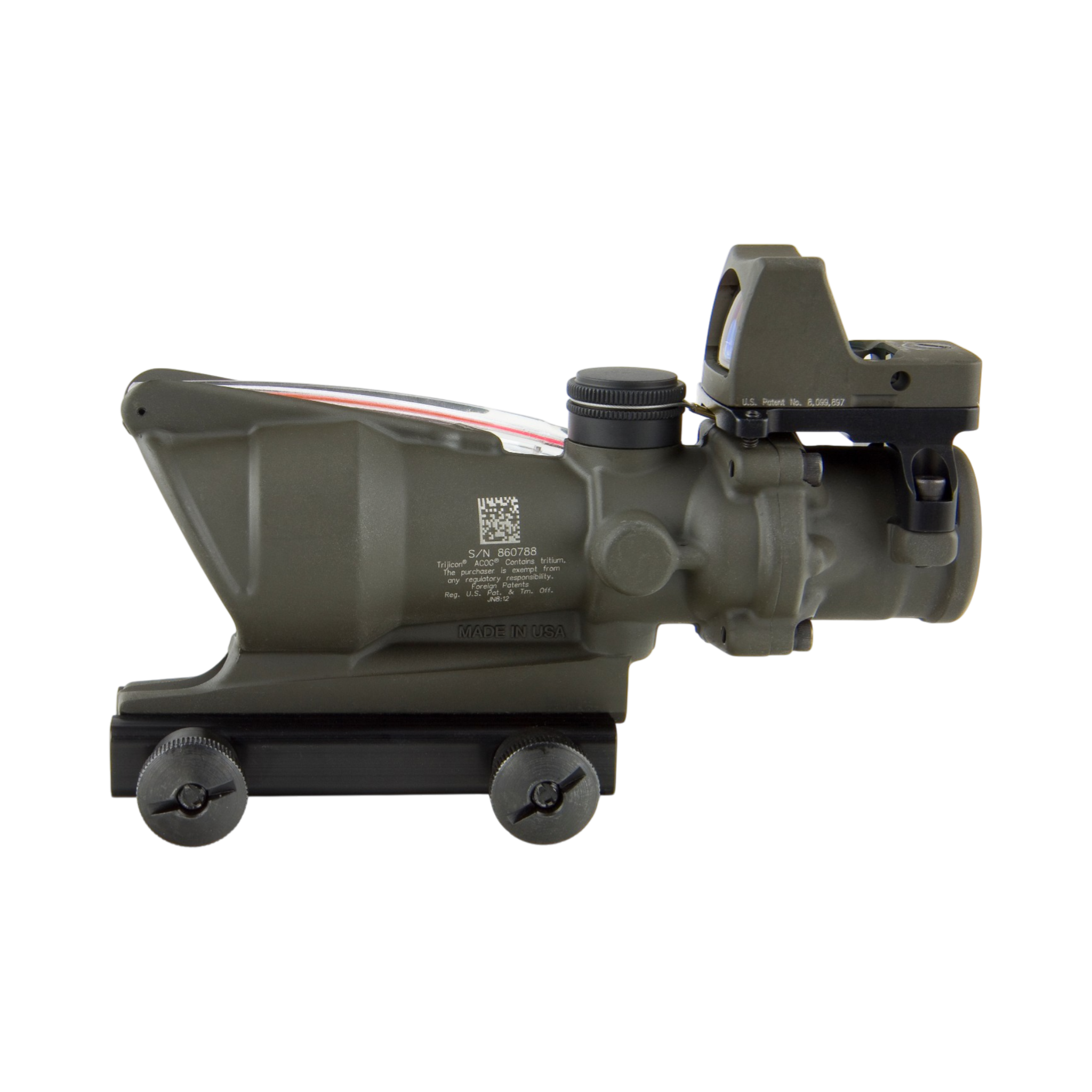 Trijicon ACOG® 4x32, D.I. Red Chevron .223 Reticle,Colt Knob Mount & 3.25 MOA Red RMR Type 2 ODG