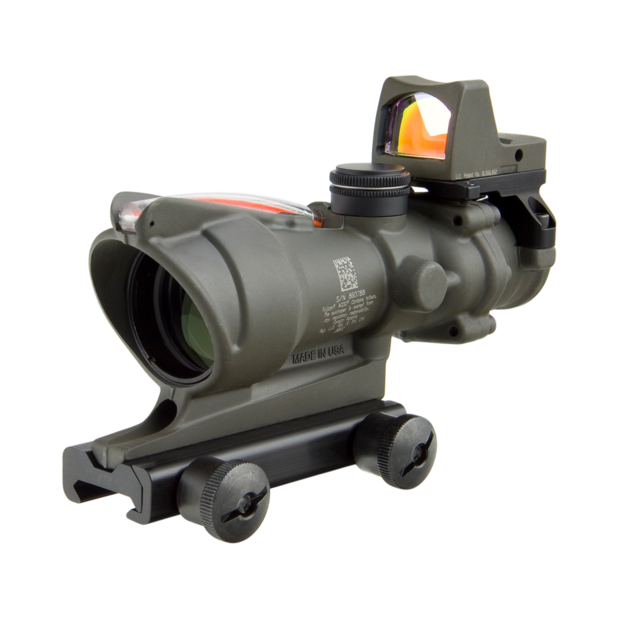 Trijicon ACOG® 4x32, D.I. Red Chevron .223 Reticle,Colt Knob Mount & 3.25 MOA Red RMR Type 2 ODG