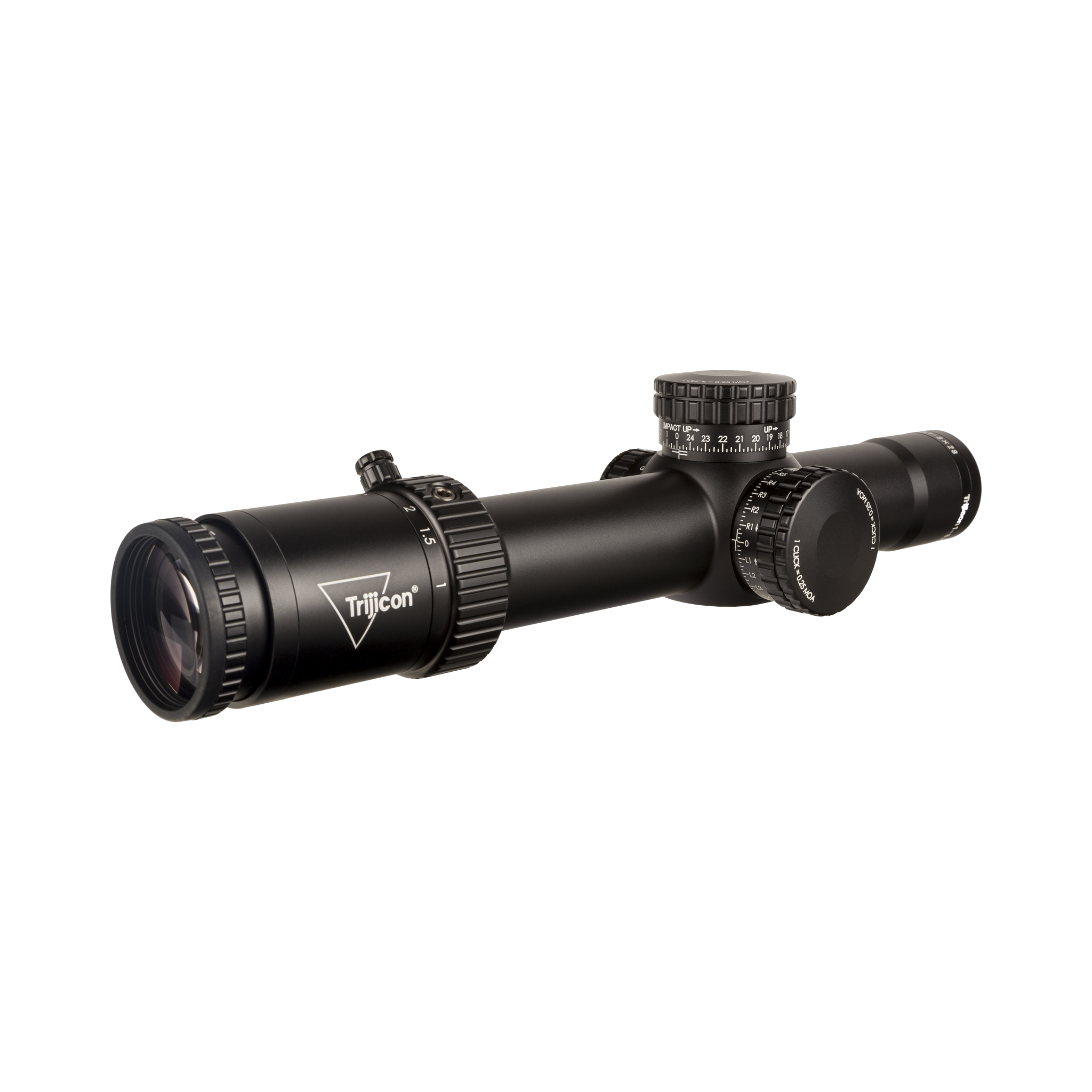 Credo® HX 1-8x28 FFP ar sarkanu/zaļu MOA segmentētu apli, 34 mm, satīna melnā krāsā, atklāti fiksējošie regulatori