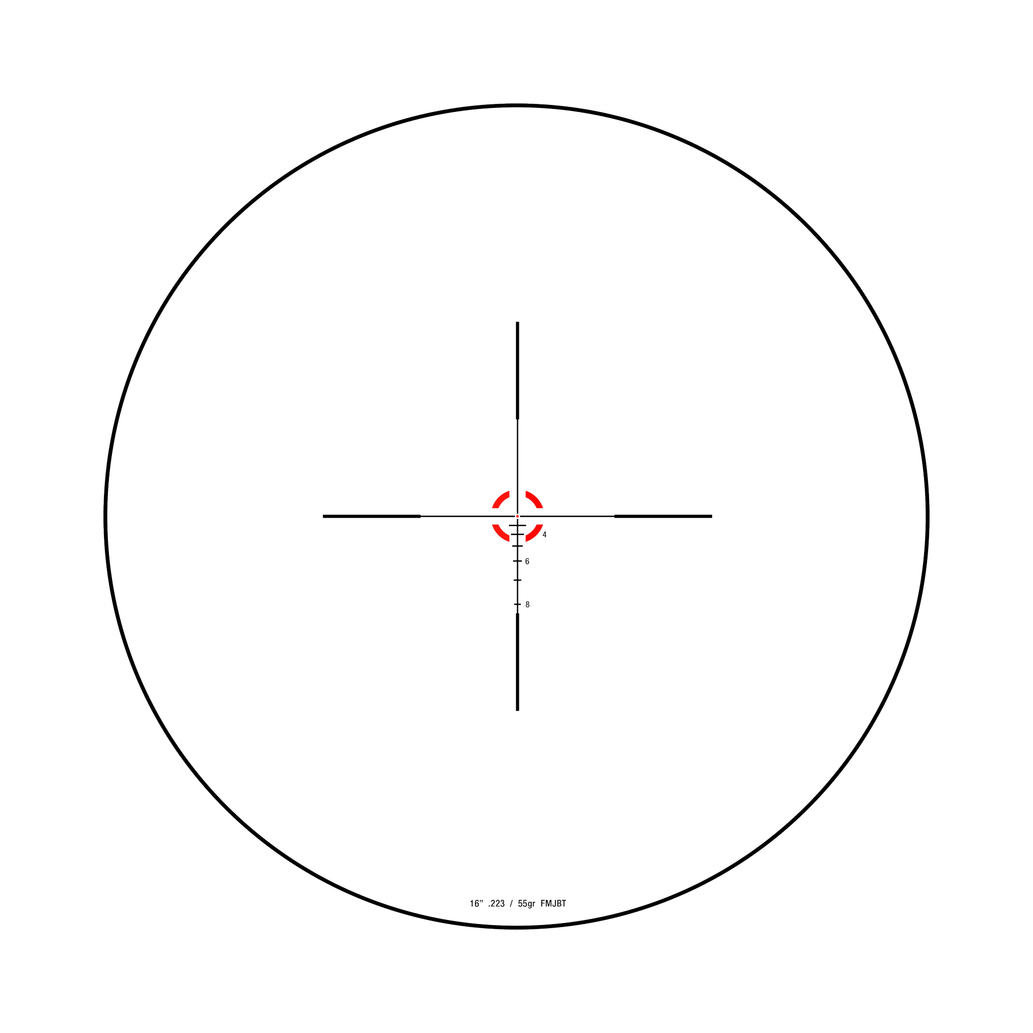 Credo® 1-4x24 SFP ar sarkanu BDC segmentu apli, .223 / 55gr, 30 mm, matēti melns, ar zemu vāciņu