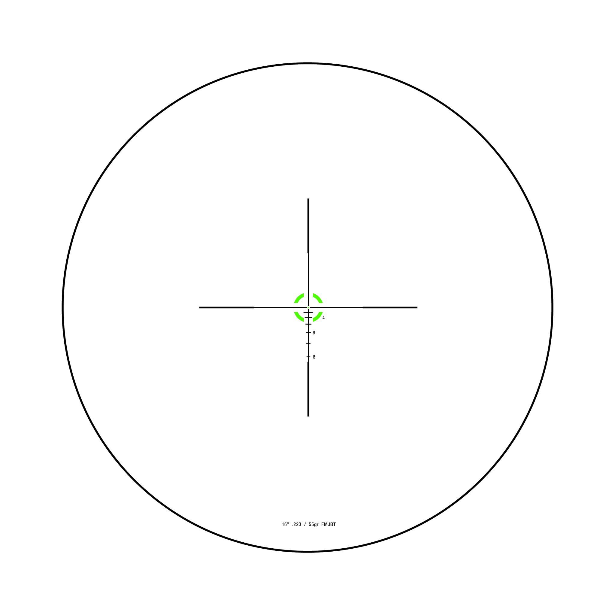 Credo® 1-4x24 SFP ar zaļu BDC segmentu apli, .223 / 55gr, 30 mm, matēti melns, ar zemu vāciņu