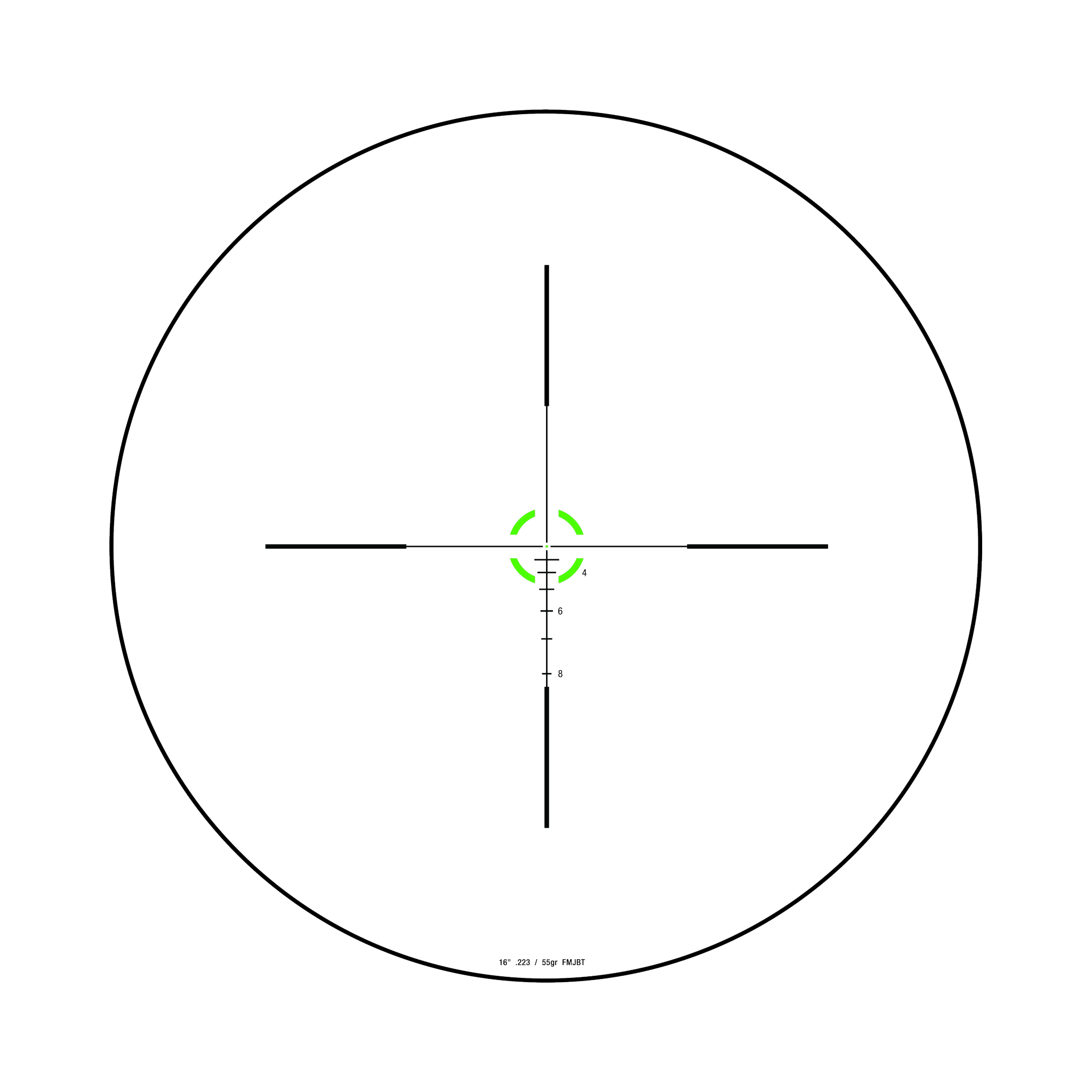 Credo® 1-6x24 SFP ar zaļu BDC segmentu apli, .223 / 55 gr, 30 mm, matēti melns, ar zemu vāciņu