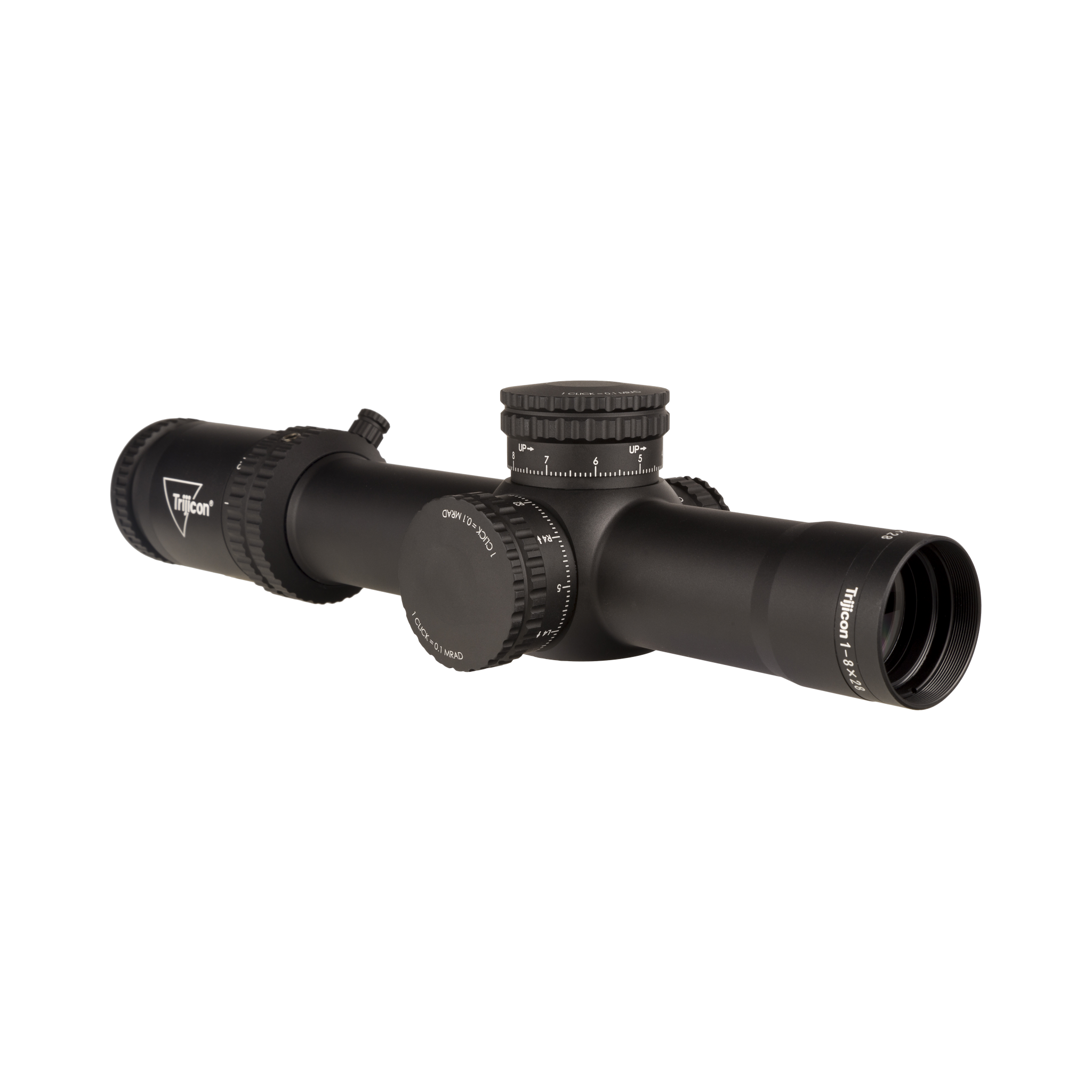 Credo® 1-8x28 FFP ar sarkanu/zaļu MRAD segmentētu apmali, 34 mm, matēti melns, atklāti fiksatori