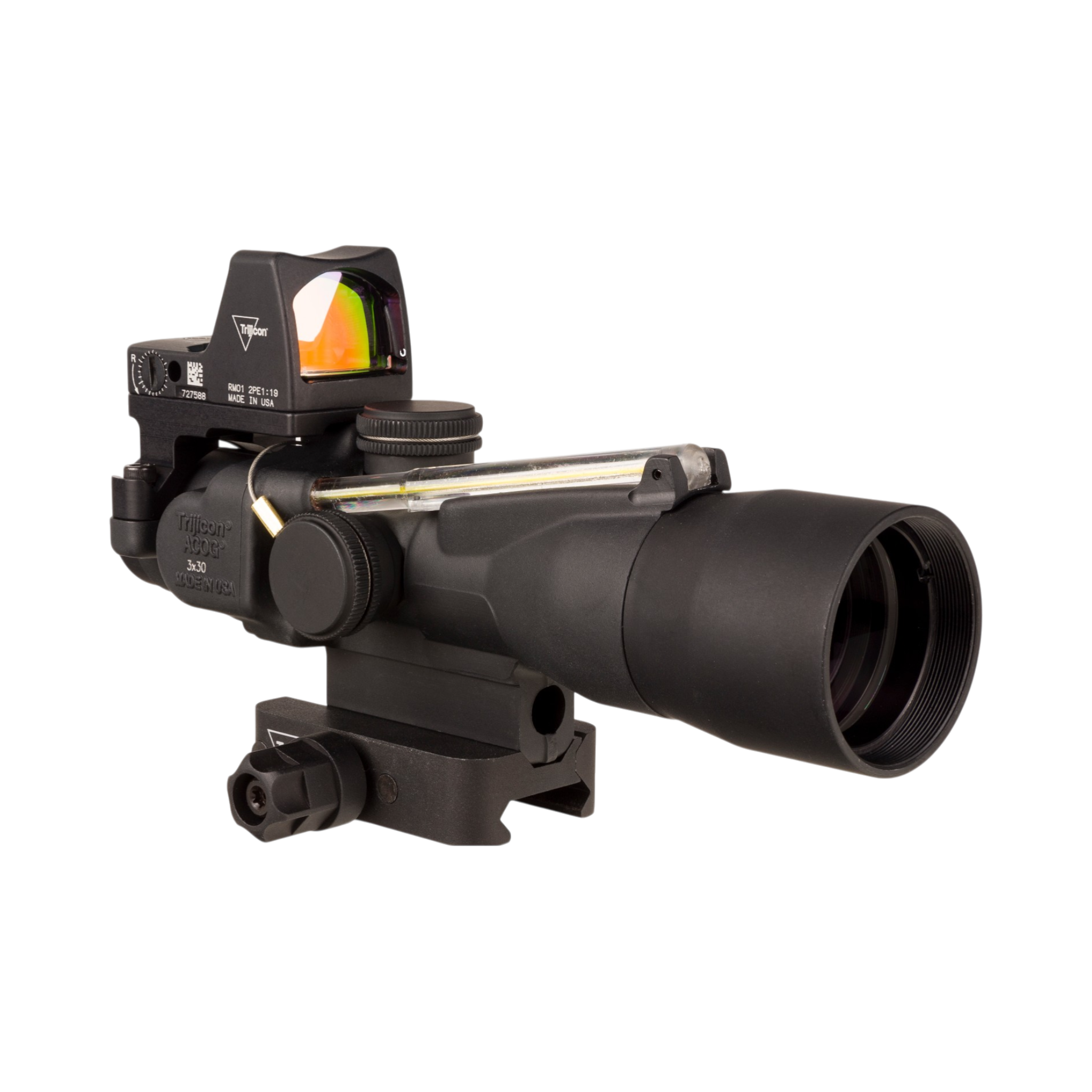 Trijicon Comp. ACOG® 3x30, D.I. Amber HS/Dot 5.56x45mm/62gr. Ret. w/Q-LOC & 3.25 MOA Red RMR Type 2