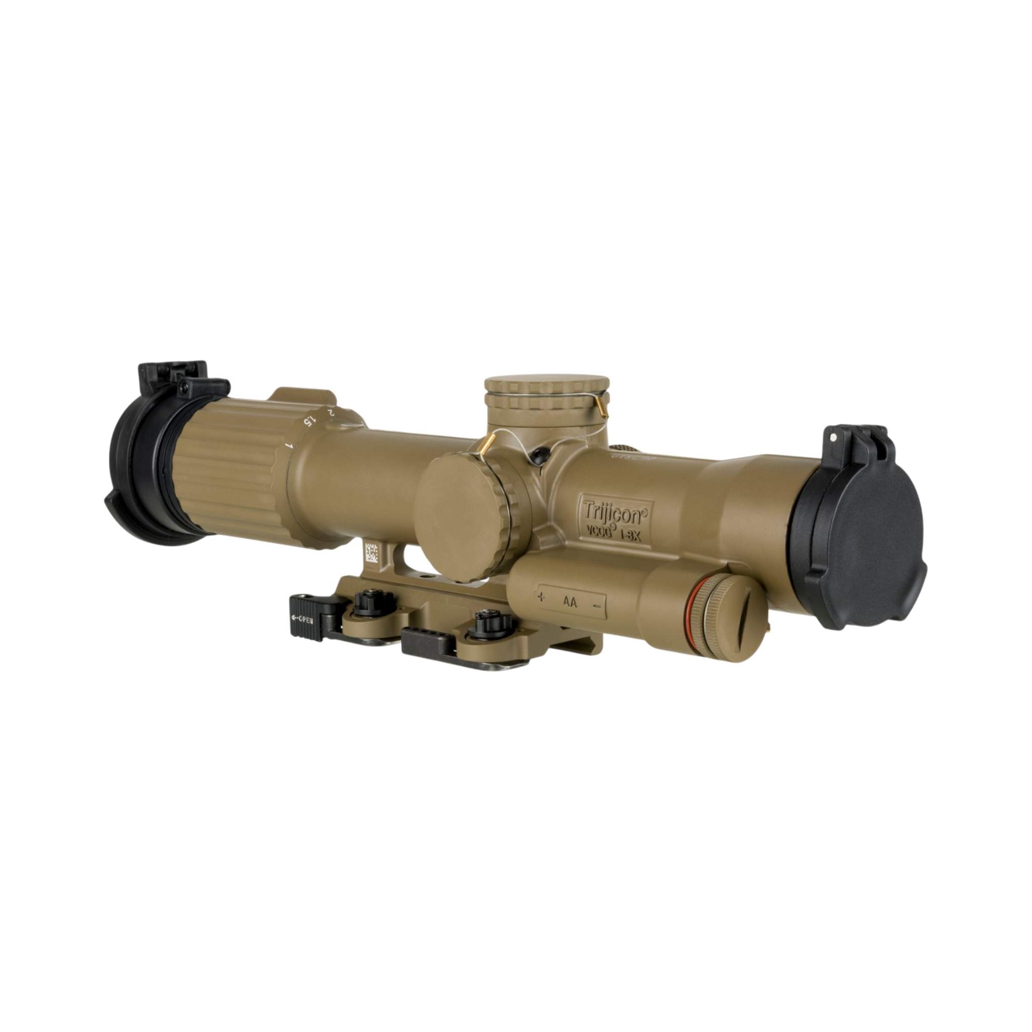 SCO VCOG® 1-8x28 Riflescope, Red MRAD Seg. Circle Enh. Flipcaps, w/ LT799 mount, FDE