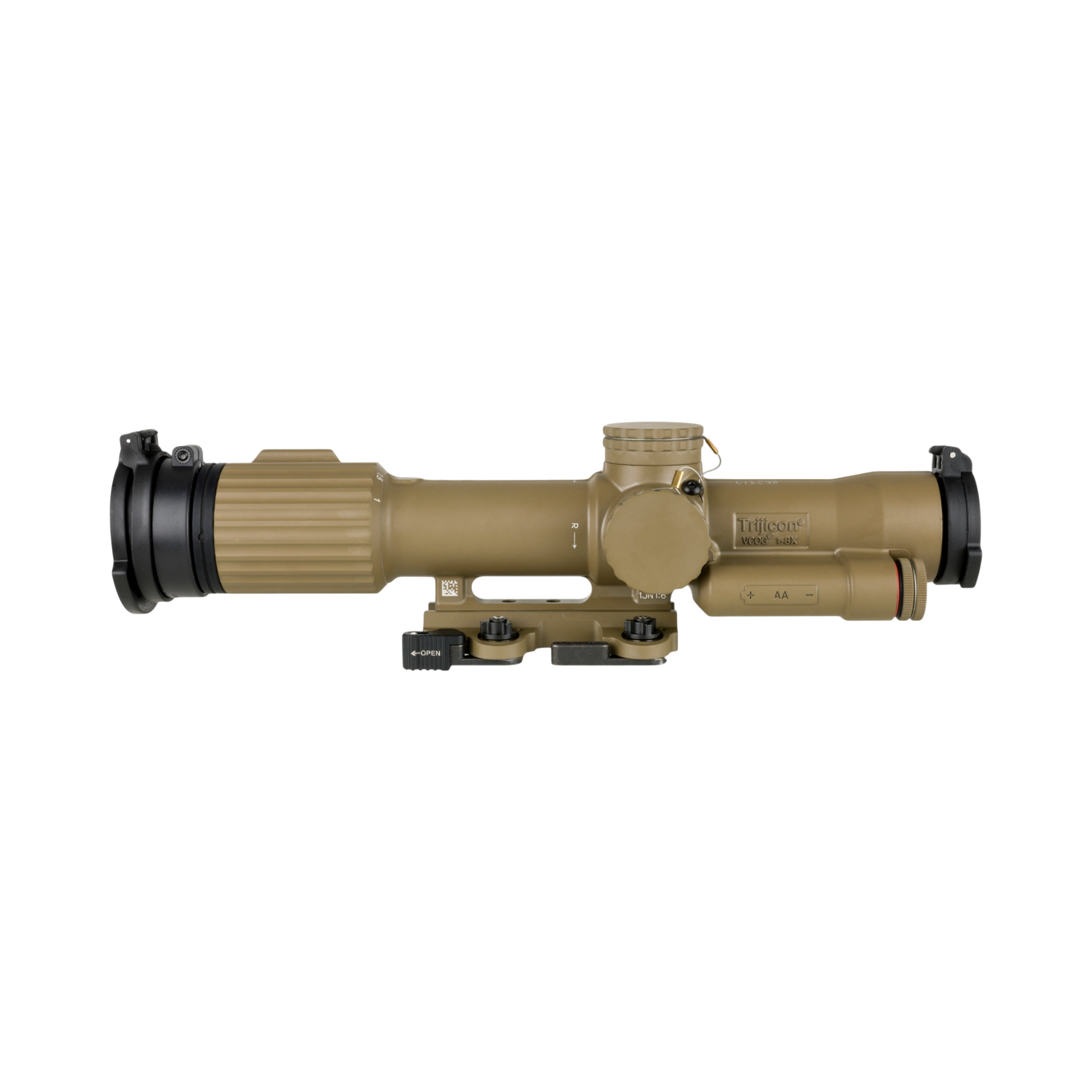 SCO VCOG® 1-8x28 Riflescope, Red MRAD Seg. Circle Enh. Flipcaps, w/ LT799 mount, FDE