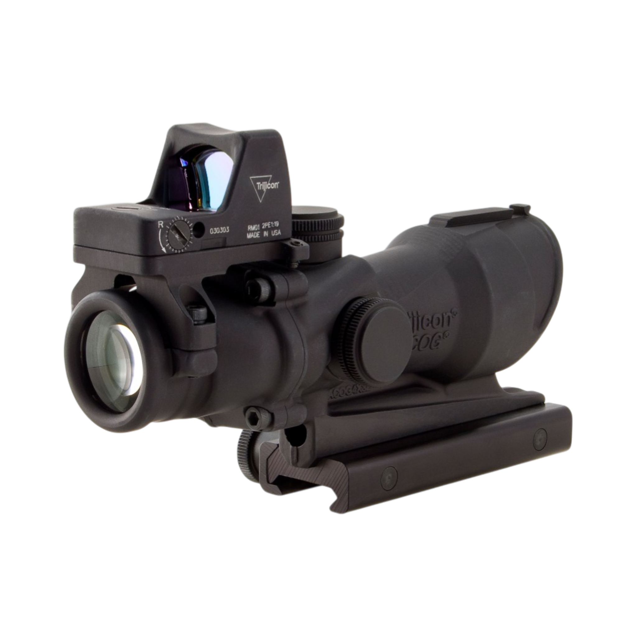 Trijicon ACOG® 4x32 Scope, Amb. CH .223 Reticle, Colt Knob Mount & 3.25 MOA Red RMR Type 2
