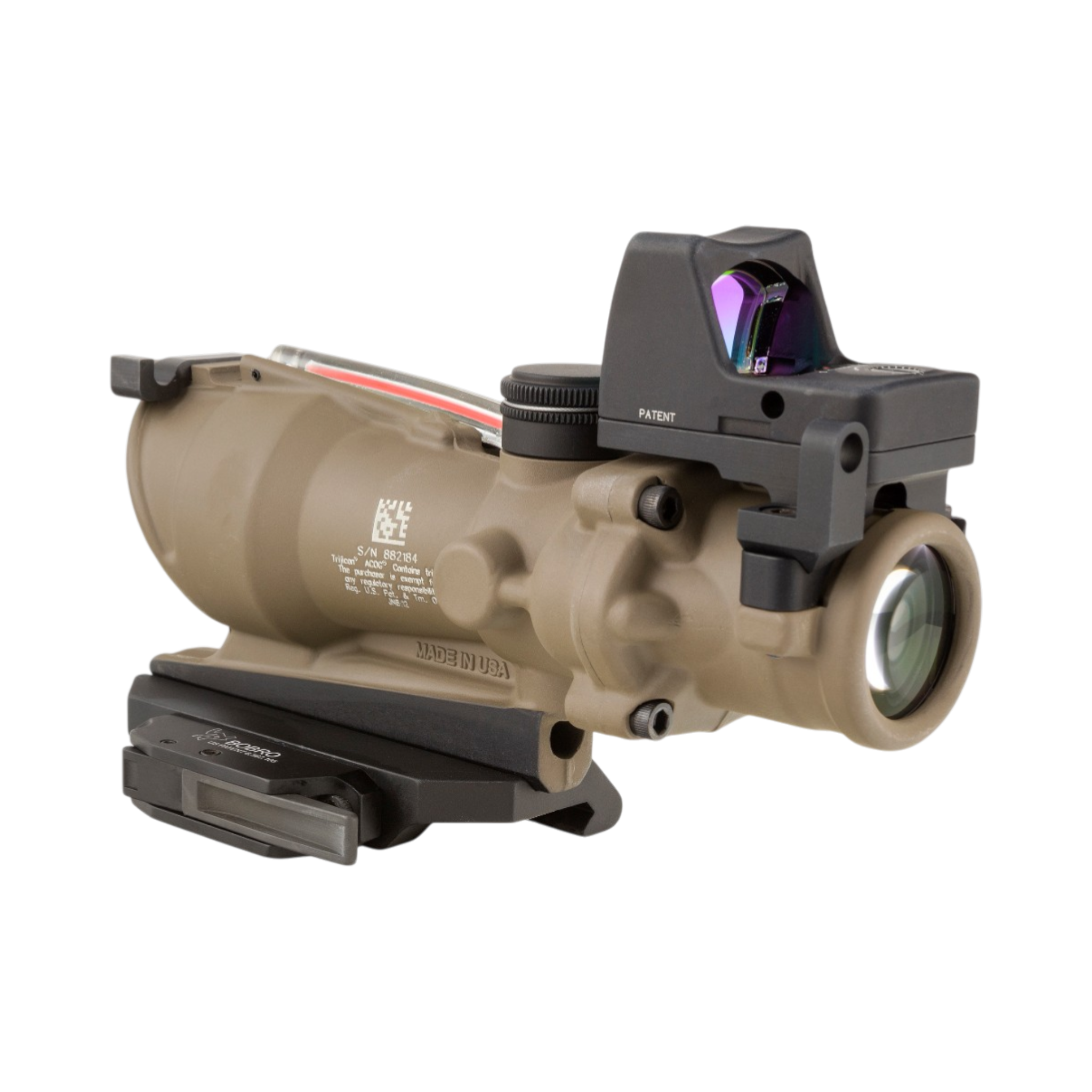 Trijicon ACOG® 4x32 ECOS, D.I. Red Crosshair 5.56 Reticle, BUIS, QR & 3.25 MOA Red RMR Type 2, FDE