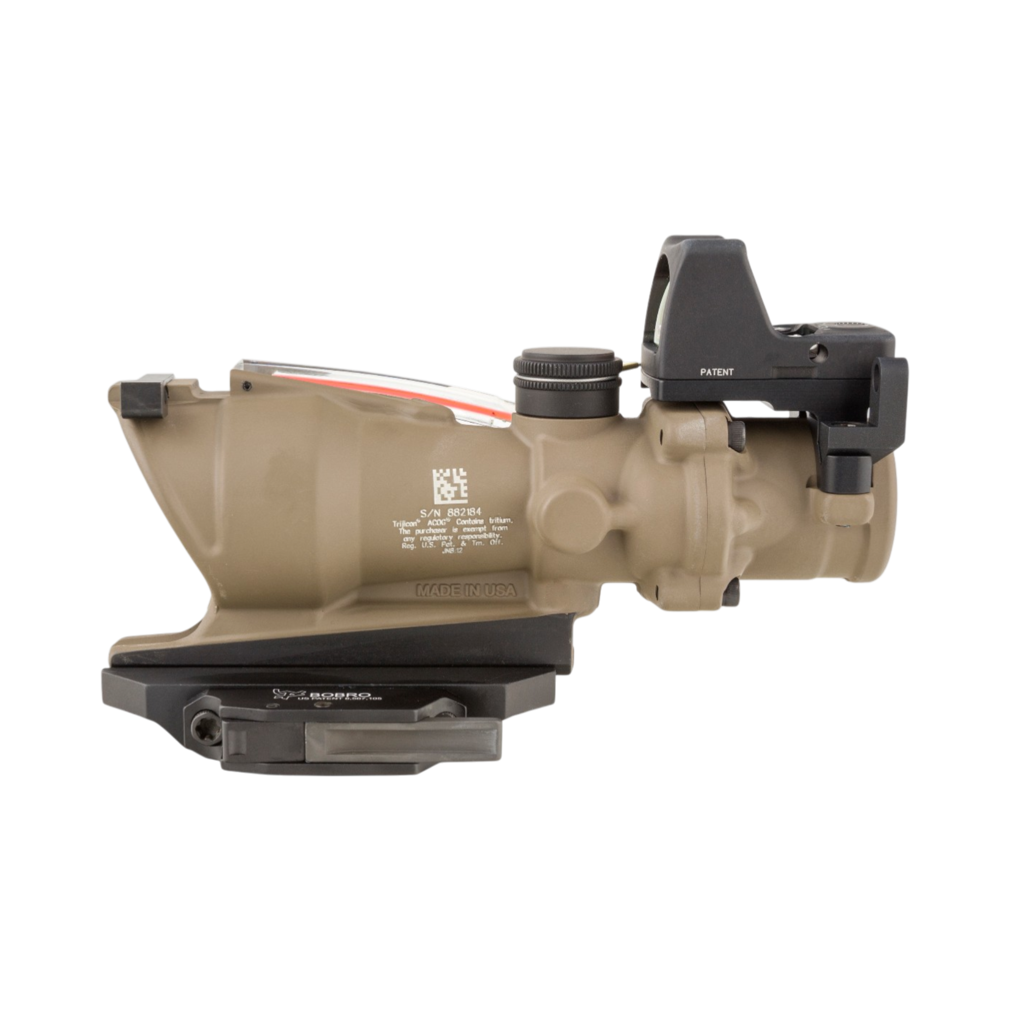 Trijicon ACOG® 4x32 ECOS, D.I. Red Crosshair 5.56 Reticle, BUIS, QR & 3.25 MOA Red RMR Type 2, FDE