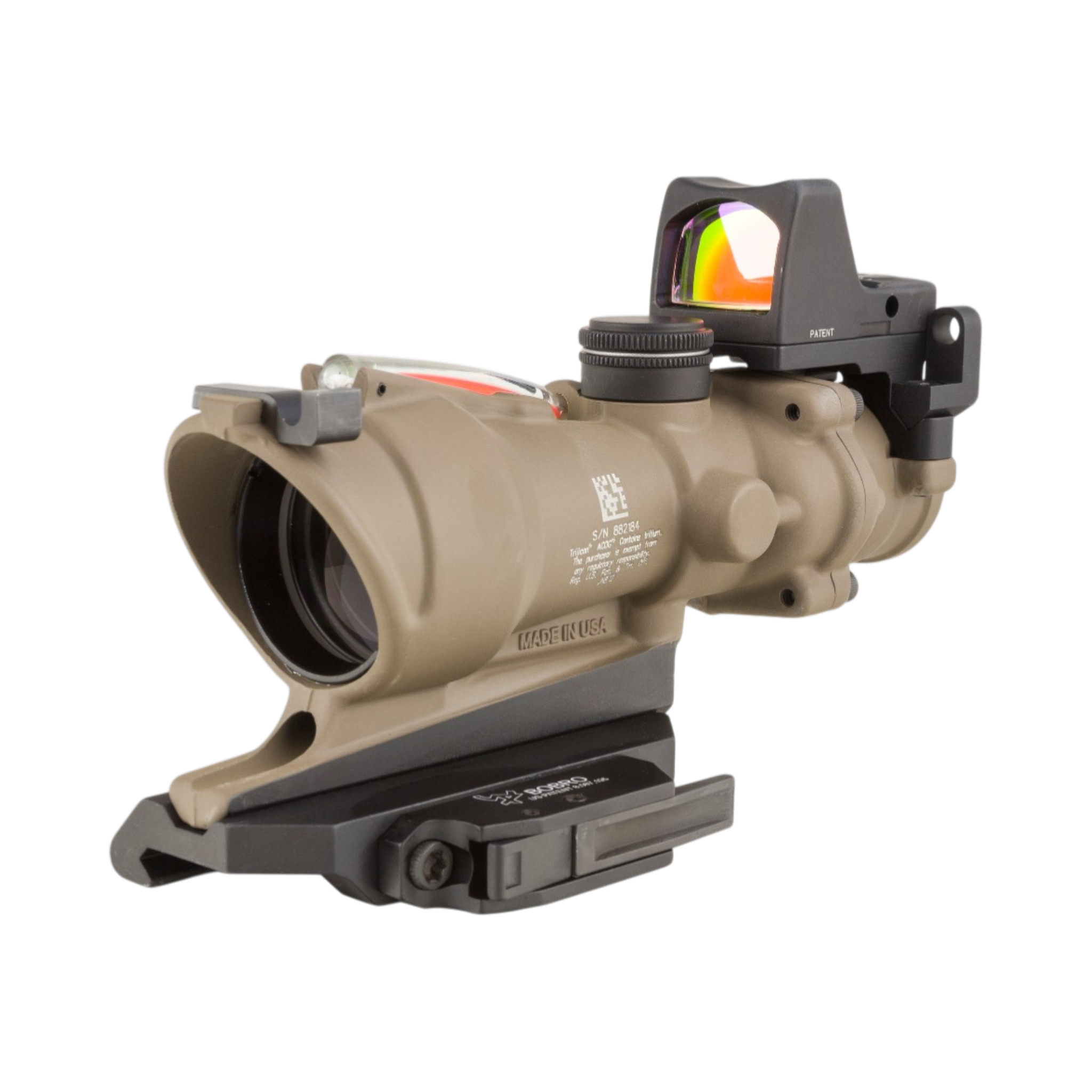 Trijicon ACOG® 4x32 ECOS, D.I. Red Crosshair 5.56 Reticle, BUIS, QR & 3.25 MOA Red RMR Type 2, FDE
