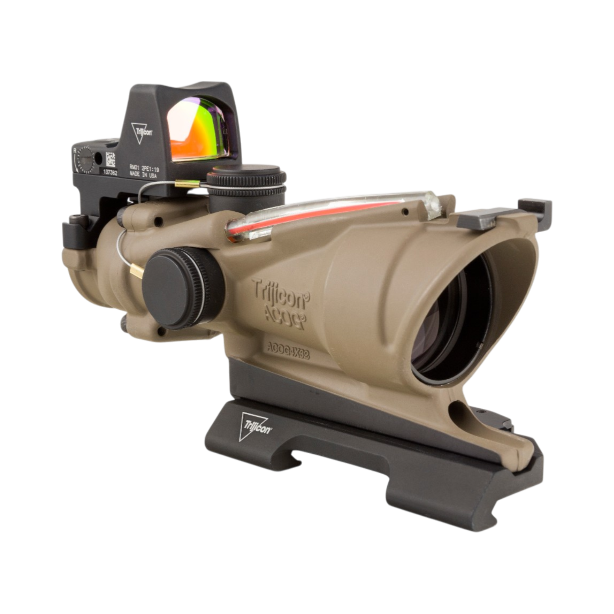Trijicon ACOG® 4x32 ECOS, D.I. Red Crosshair 5.56 Reticle, BUIS, QR & 3.25 MOA Red RMR Type 2, FDE