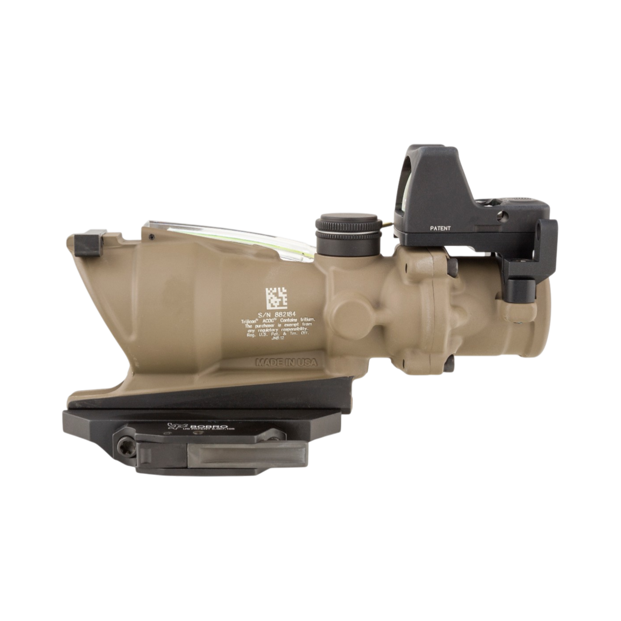 Trijicon ACOG® 4x32 ECOS, D.I. Green Crosshair 5.56 Reticle, BUIS, QR & 3.25 MOA Red RMR Type 2, FDE