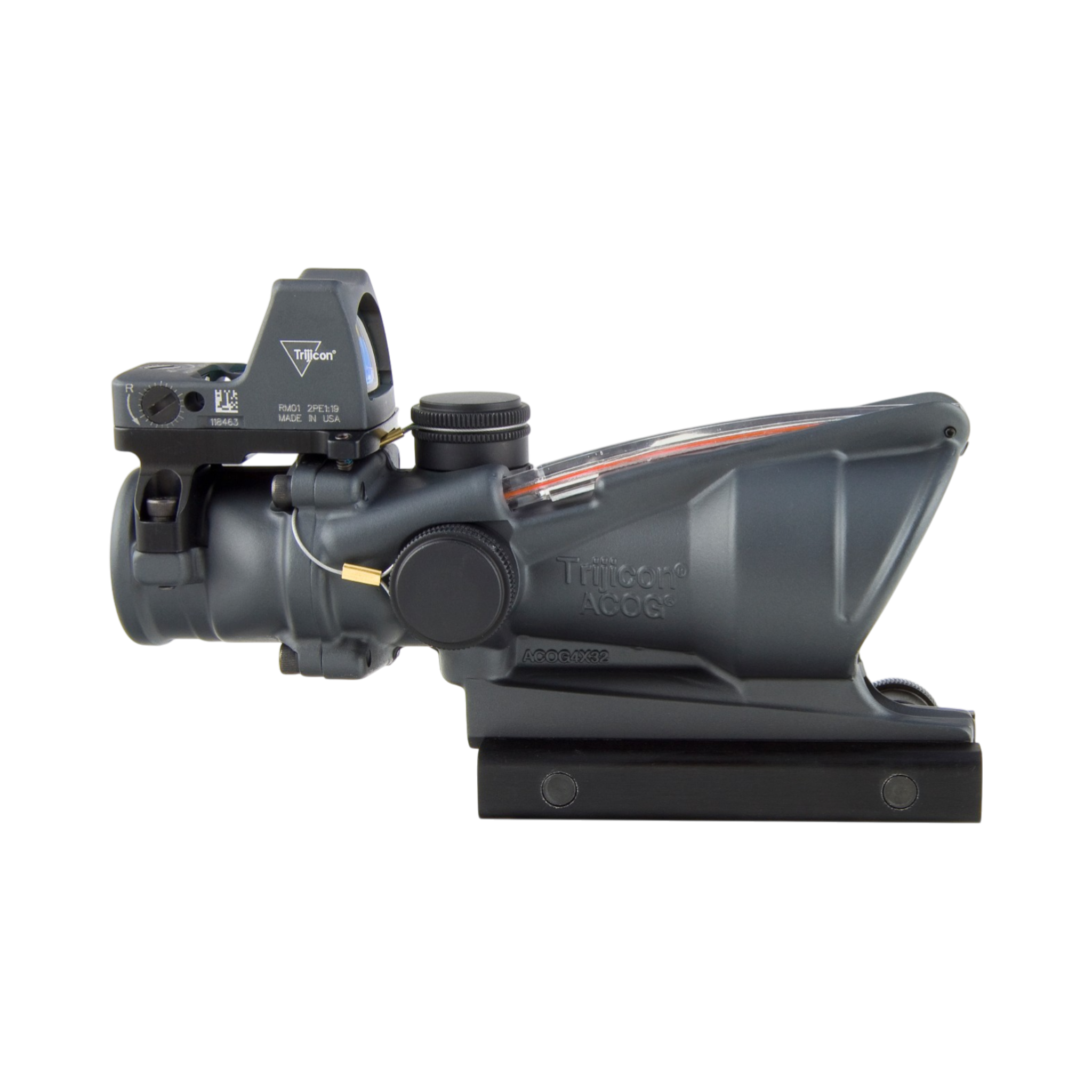 Trijicon ACOG® 4x32, D.I. Red Chevron .223 Reticle, Colt Knob Mount & 3.25 MOA Red RMR Type 2 Gray