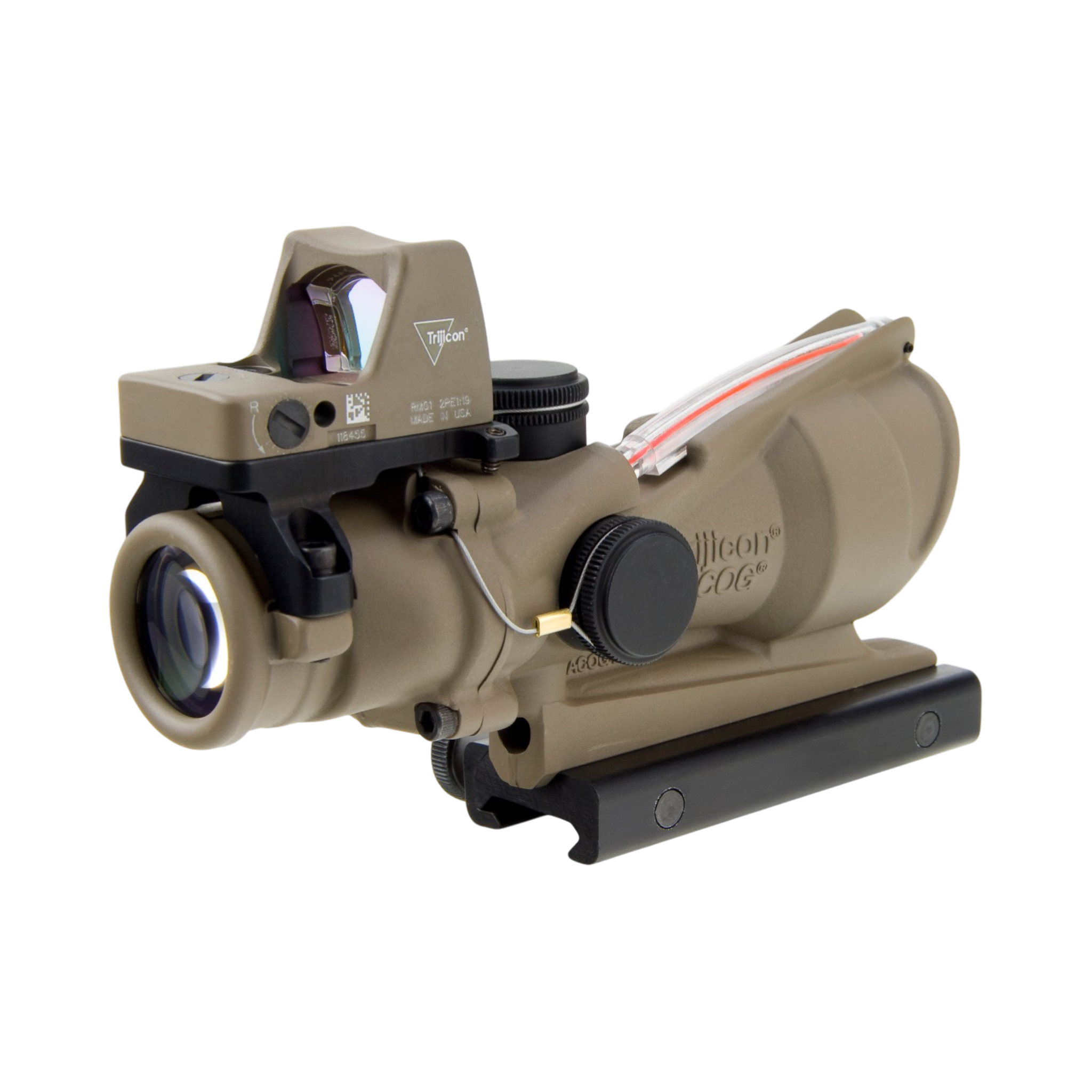 Trijicon ACOG® 4x32, D.I. Red Chevron .223 Reticle, Colt Knob Mount & 3.25 MOA Red RMR Type 2, FDE