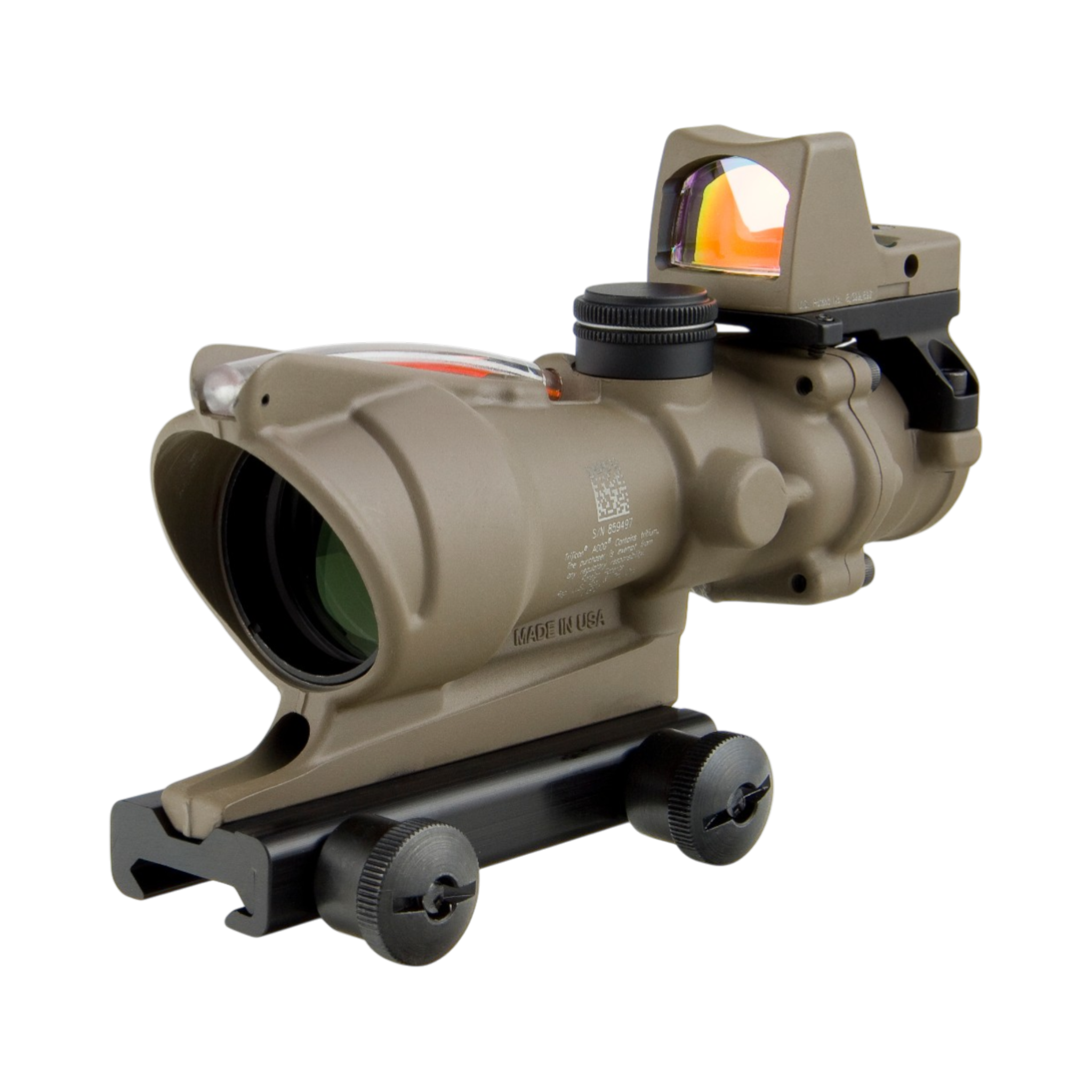 Trijicon ACOG® 4x32, D.I. Red Chevron .223 Reticle, Colt Knob Mount & 3.25 MOA Red RMR Type 2, FDE