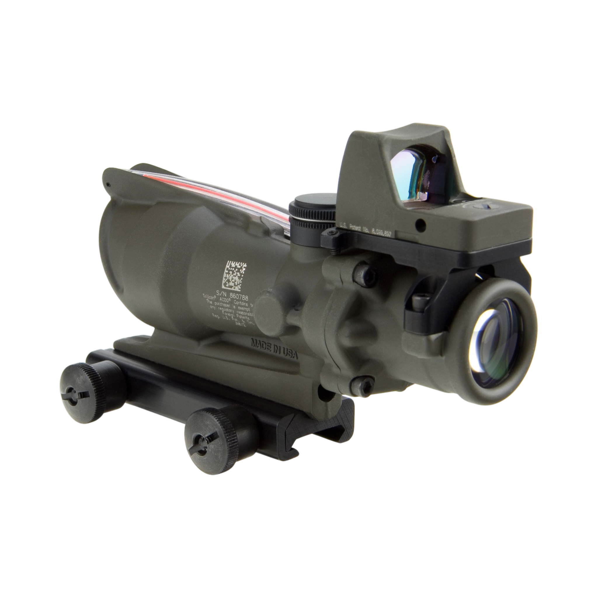 Trijicon ACOG® 4x32, D.I. Red Chevron .223 Reticle,Colt Knob Mount & 3.25 MOA Red RMR Type 2 ODG