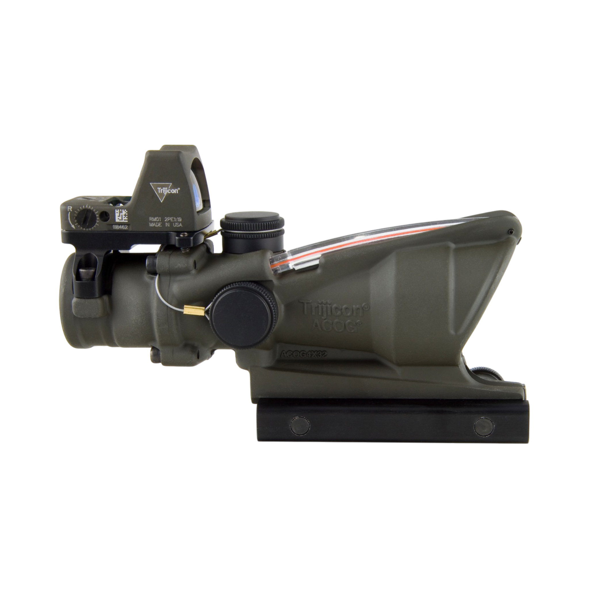 Trijicon ACOG® 4x32, D.I. Red Chevron .223 Reticle,Colt Knob Mount & 3.25 MOA Red RMR Type 2 ODG