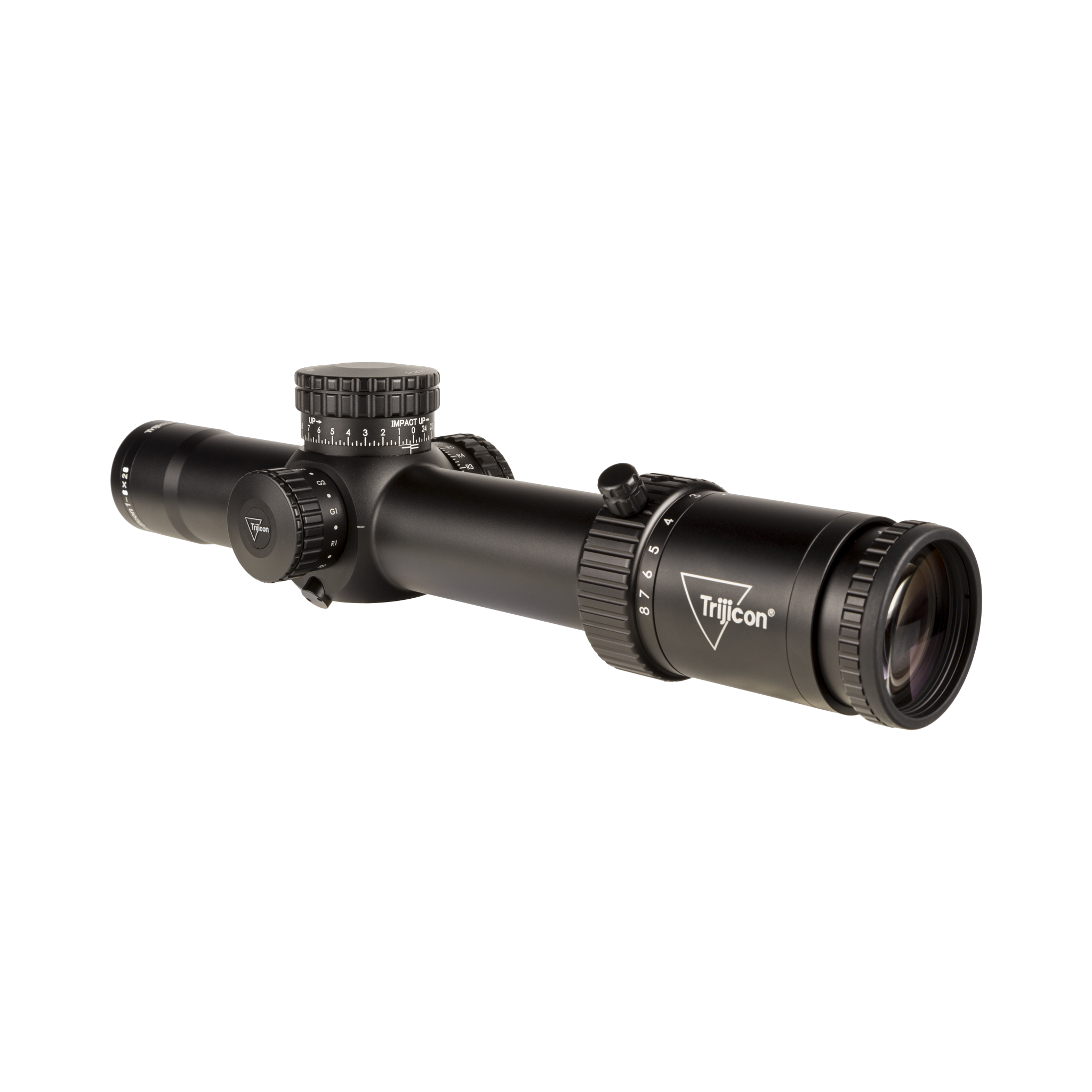 Credo® HX 1-8x28 FFP ar sarkanu/zaļu MOA segmentētu apli, 34 mm, satīna melnā krāsā, atklāti fiksējošie regulatori