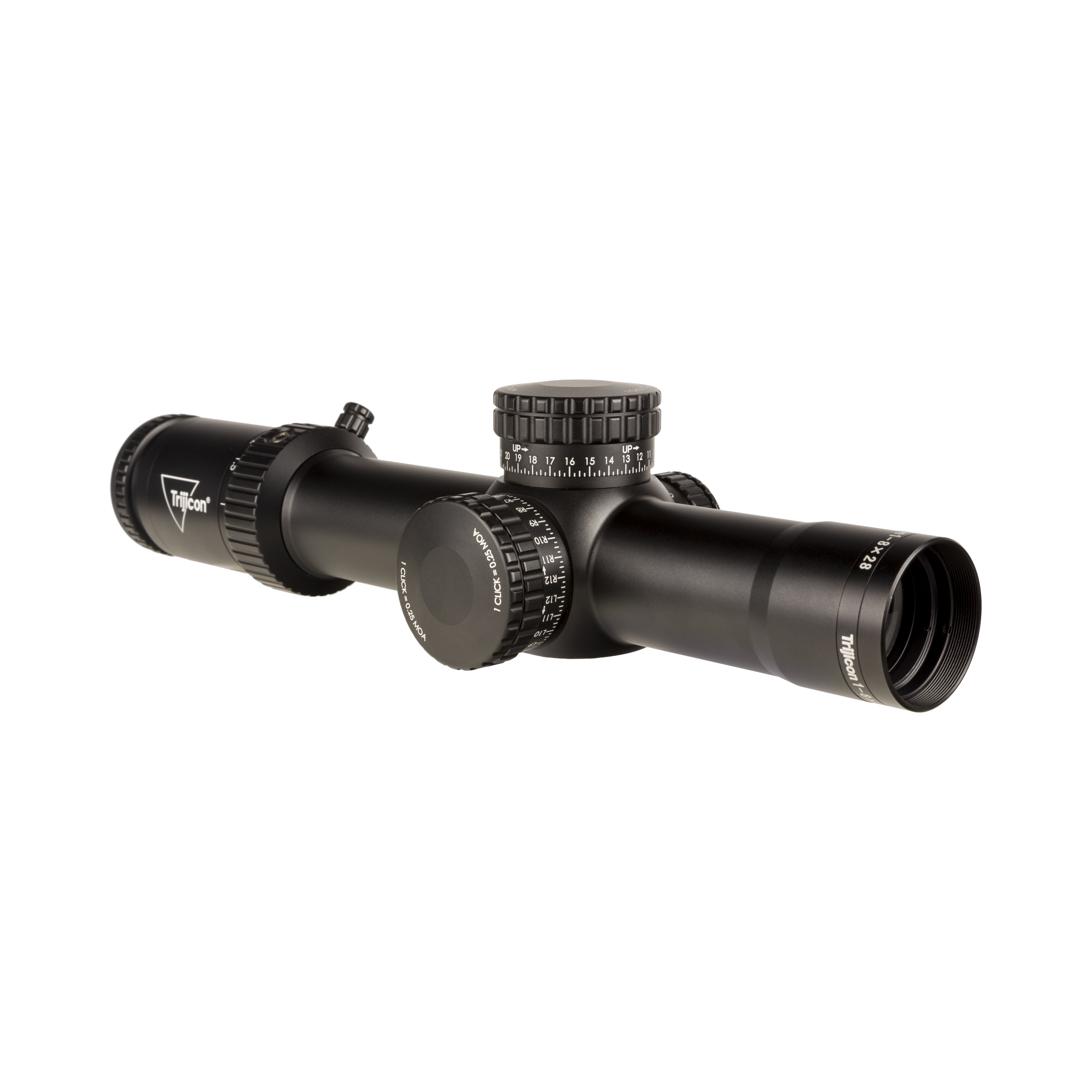 Credo® HX 1-8x28 FFP ar sarkanu/zaļu MOA segmentētu apli, 34 mm, satīna melnā krāsā, atklāti fiksējošie regulatori