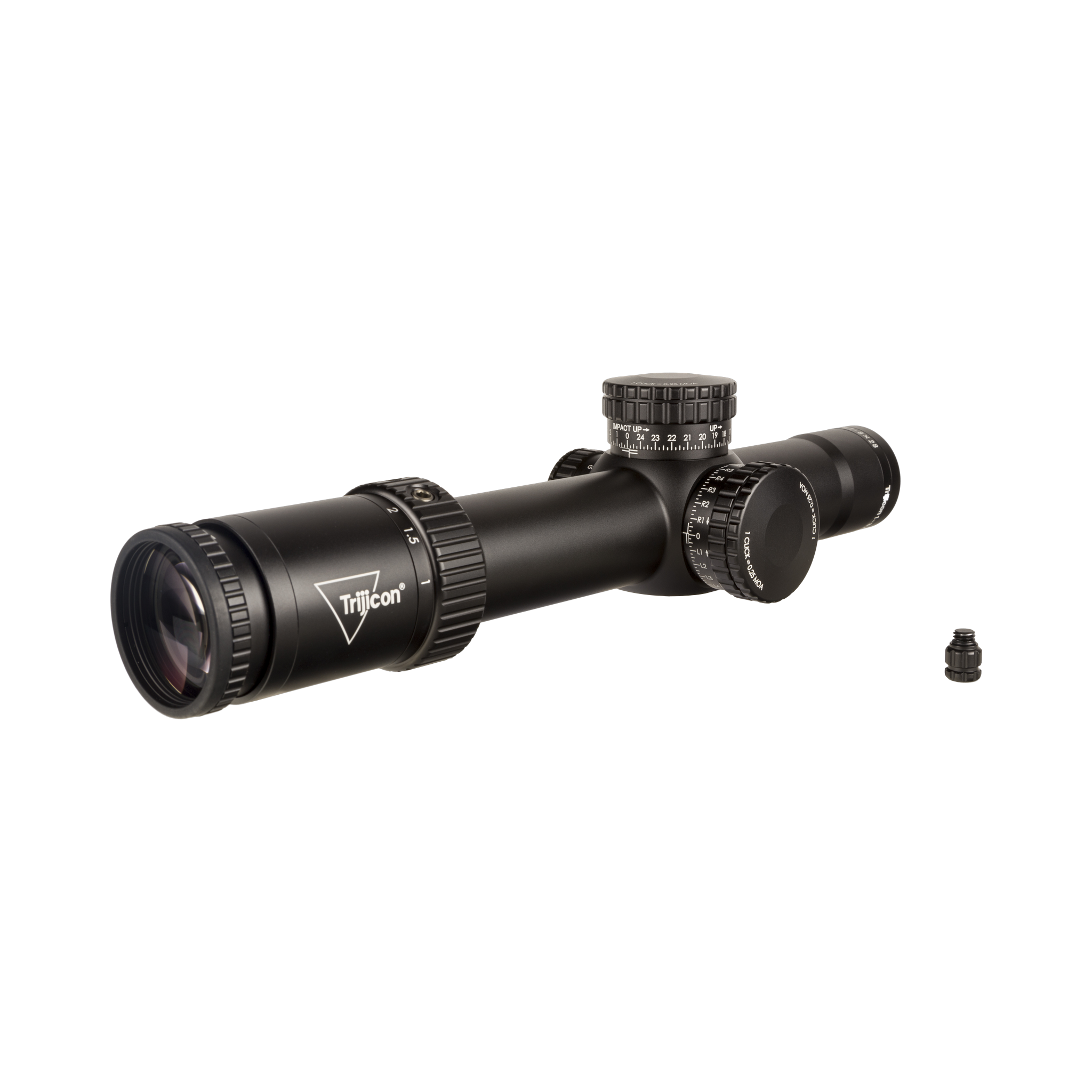 Credo® HX 1-8x28 FFP ar sarkanu/zaļu MOA segmentētu apli, 34 mm, satīna melnā krāsā, atklāti fiksējošie regulatori