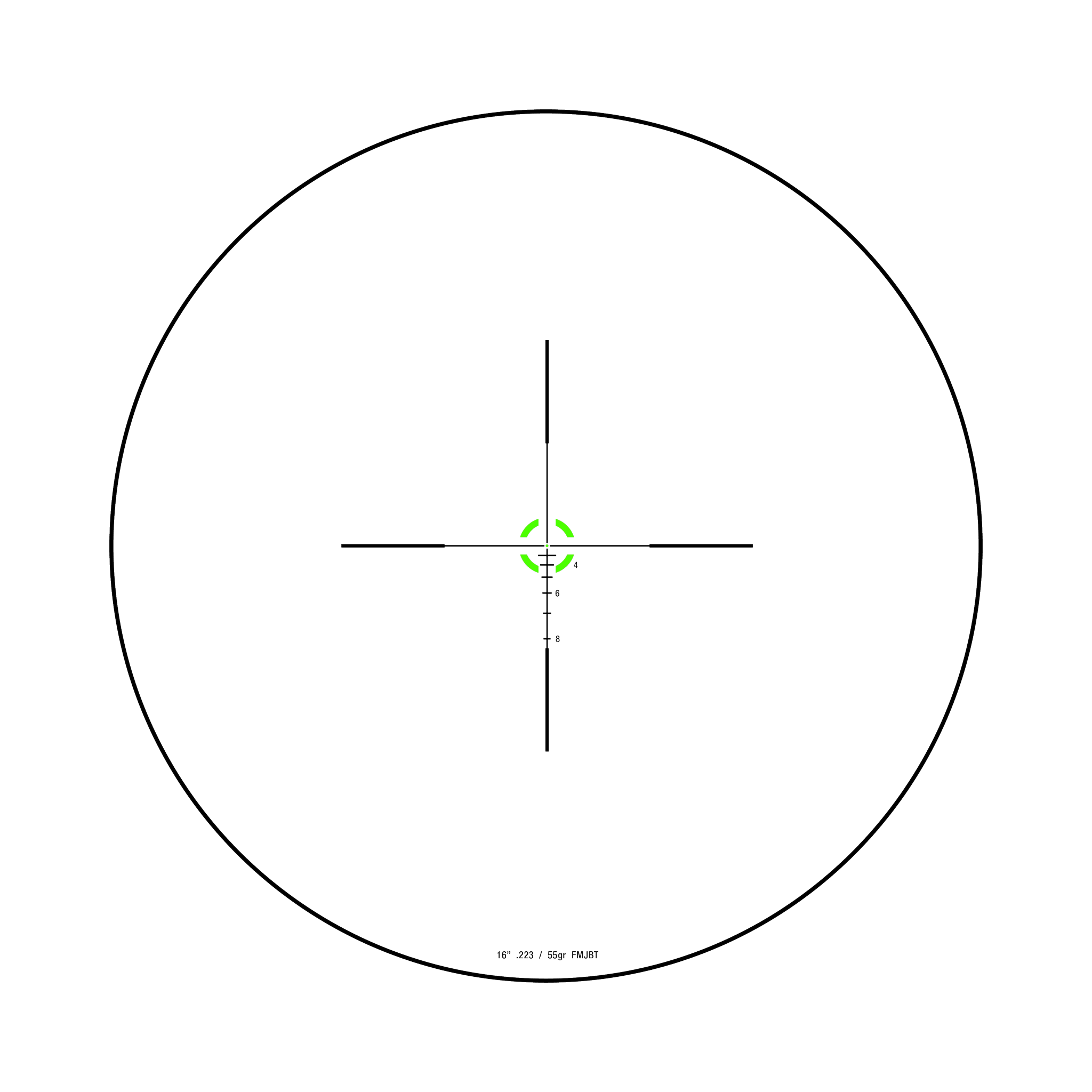 Credo® 1-4x24 SFP ar zaļu BDC segmentu apli, .223 / 55gr, 30 mm, matēti melns, ar zemu vāciņu