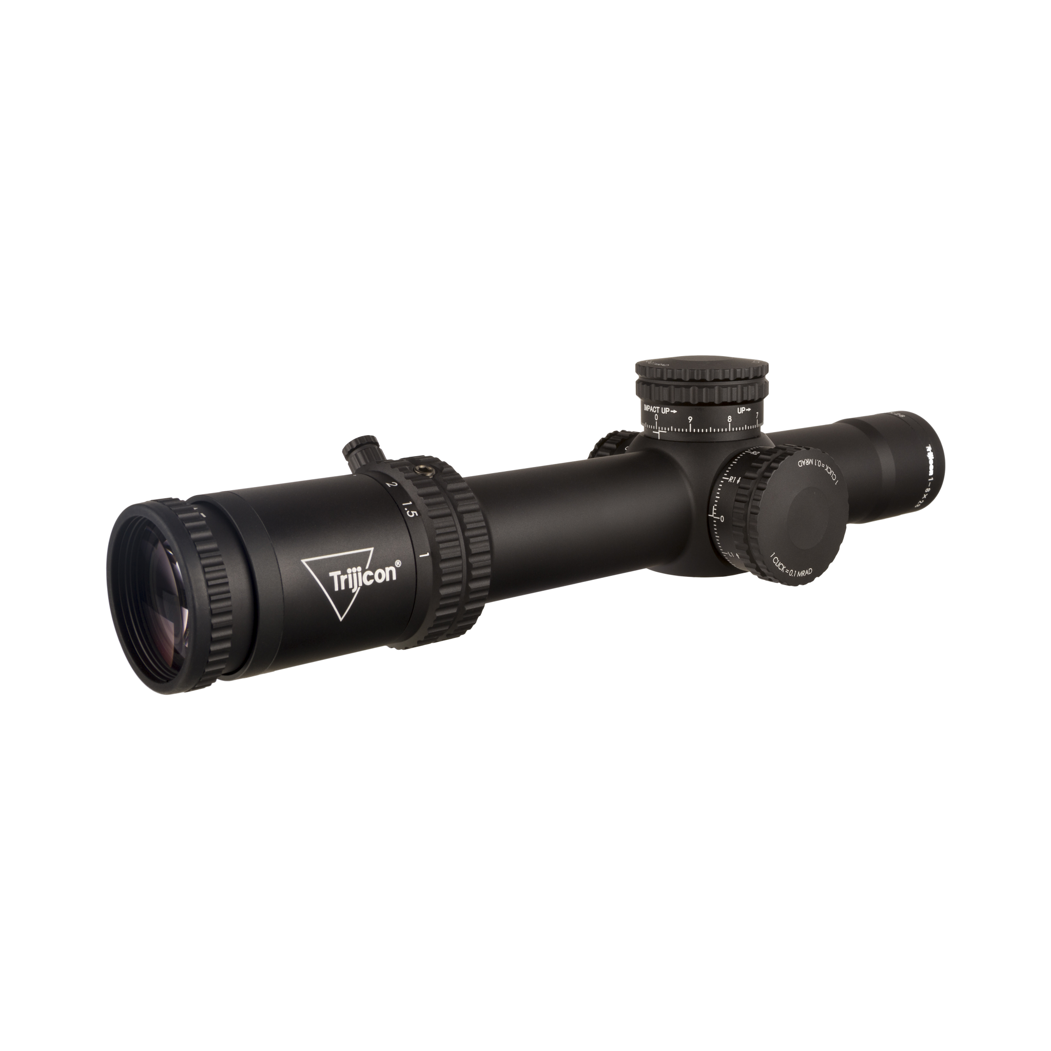 Credo® 1-8x28 FFP ar sarkanu/zaļu MRAD segmentētu apmali, 34 mm, matēti melns, atklāti fiksatori