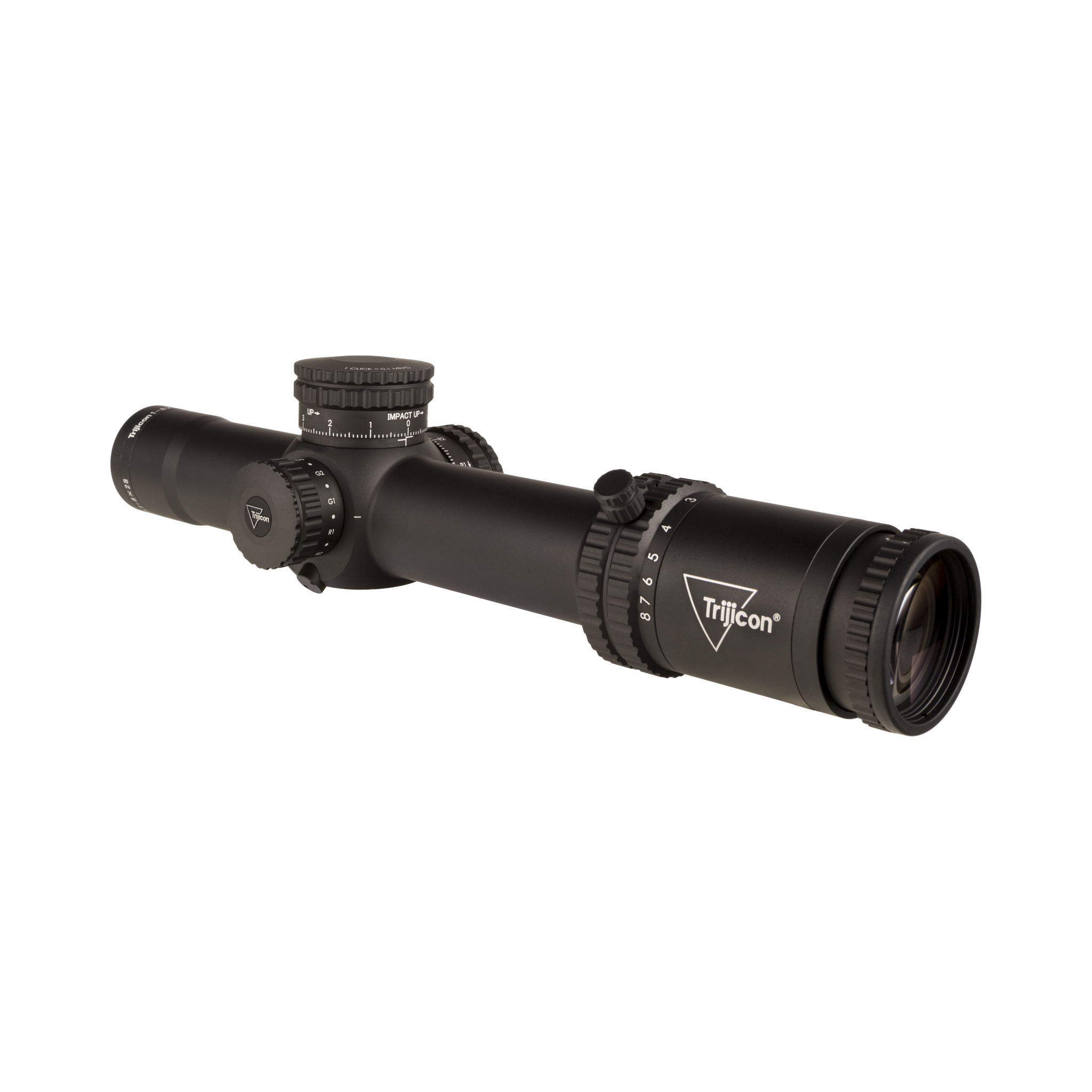 Credo® 1-8x28 FFP ar sarkanu/zaļu MRAD segmentētu apmali, 34 mm, matēti melns, atklāti fiksatori