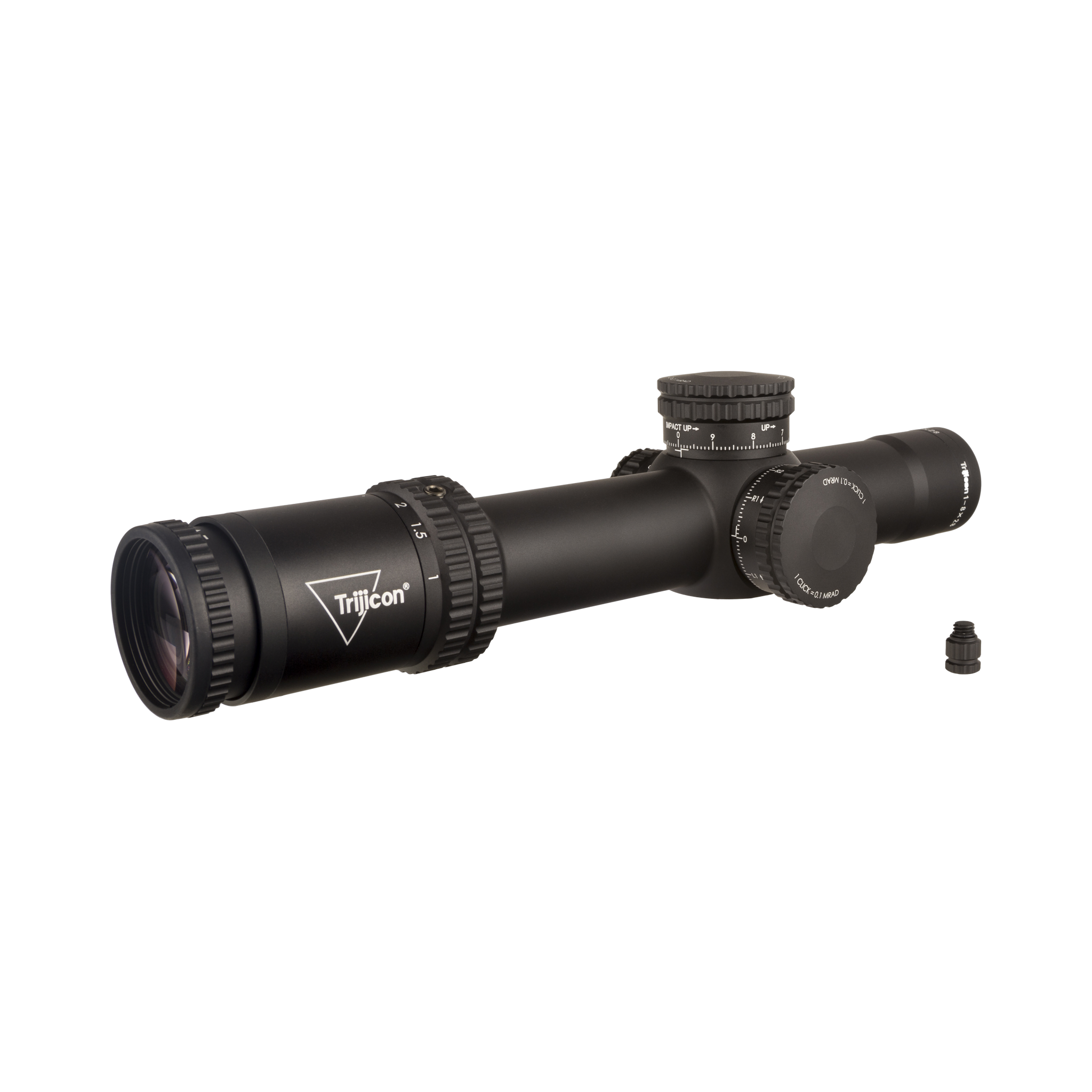 Credo® 1-8x28 FFP ar sarkanu/zaļu MRAD segmentētu apmali, 34 mm, matēti melns, atklāti fiksatori