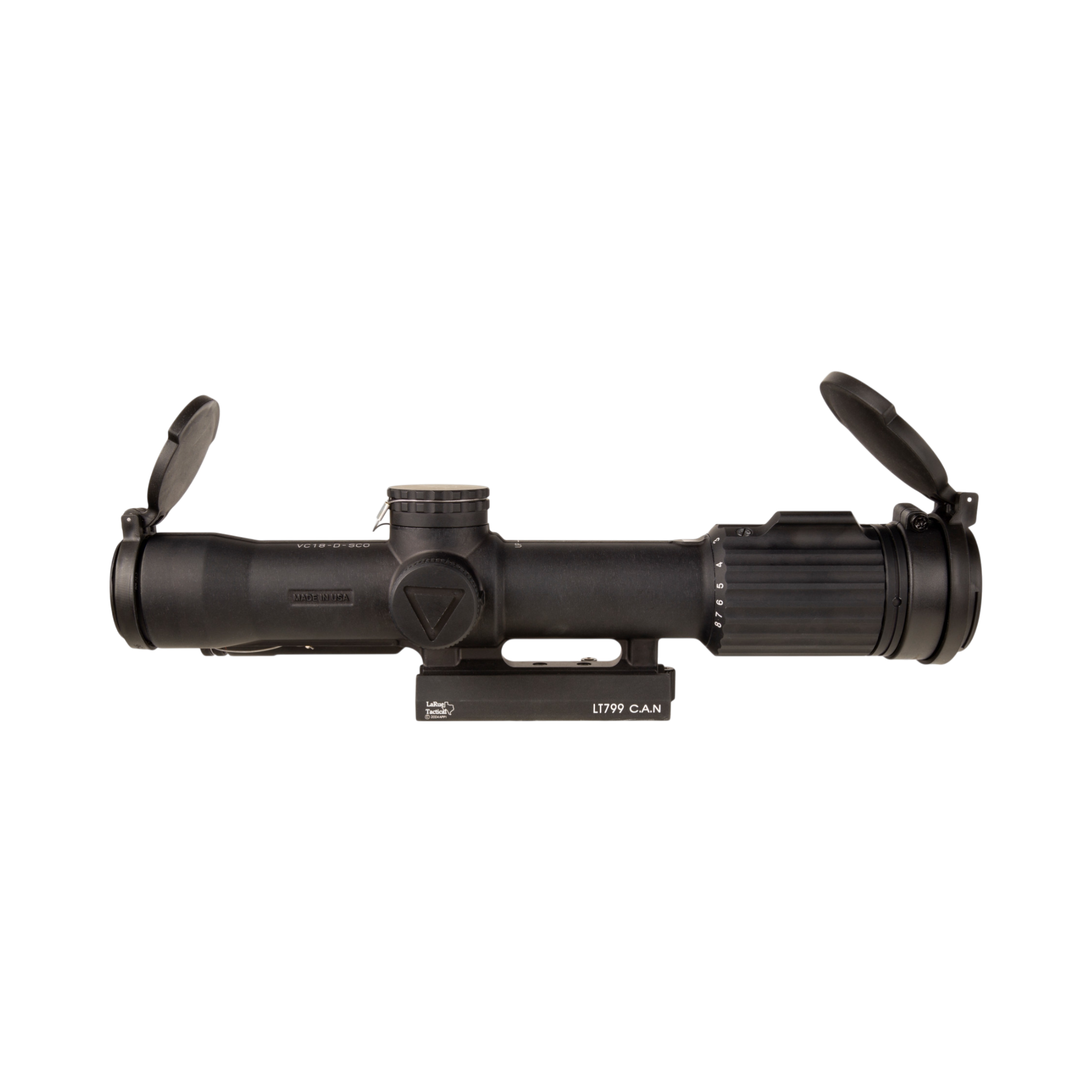 SCO VCOG® 1-8x28 optiskais tēmēklis, sarkans MRAD segmentu aplis, uzliekamie vāciņi, ar Larue Tactical® LT799 stiprinājumu