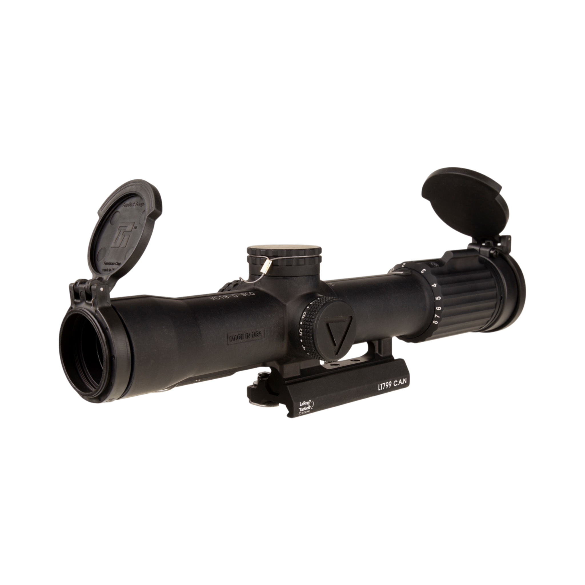 SCO VCOG® 1-8x28 optiskais tēmēklis, sarkans MRAD segmentu aplis, uzliekamie vāciņi, ar Larue Tactical® LT799 stiprinājumu