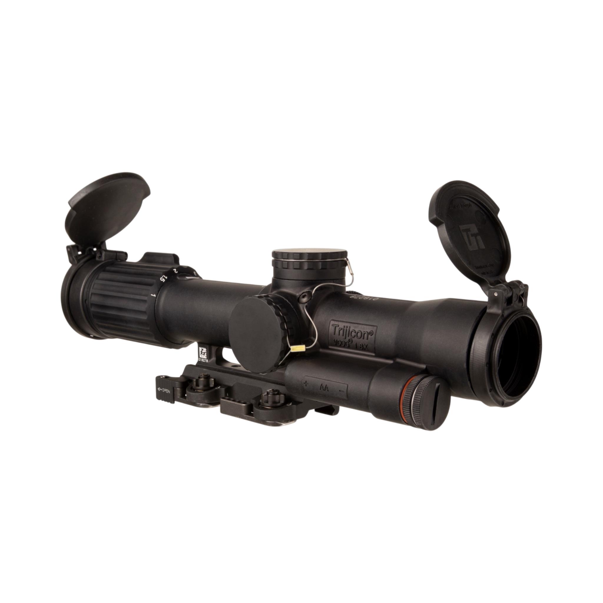 SCO VCOG® 1-8x28 optiskais tēmēklis, sarkans MRAD segmentu aplis, uzliekamie vāciņi, ar Larue Tactical® LT799 stiprinājumu