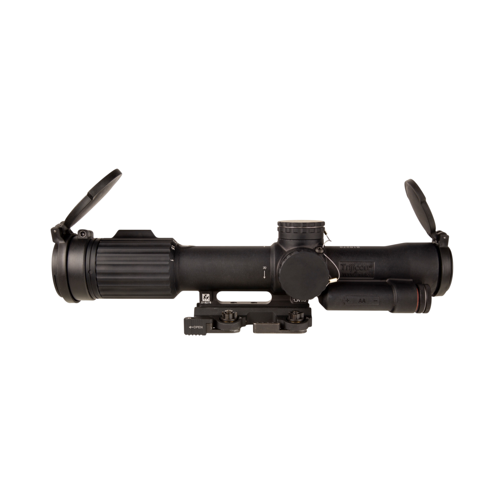 SCO VCOG® 1-8x28 optiskais tēmēklis, sarkans MRAD segmentu aplis, uzliekamie vāciņi, ar Larue Tactical® LT799 stiprinājumu