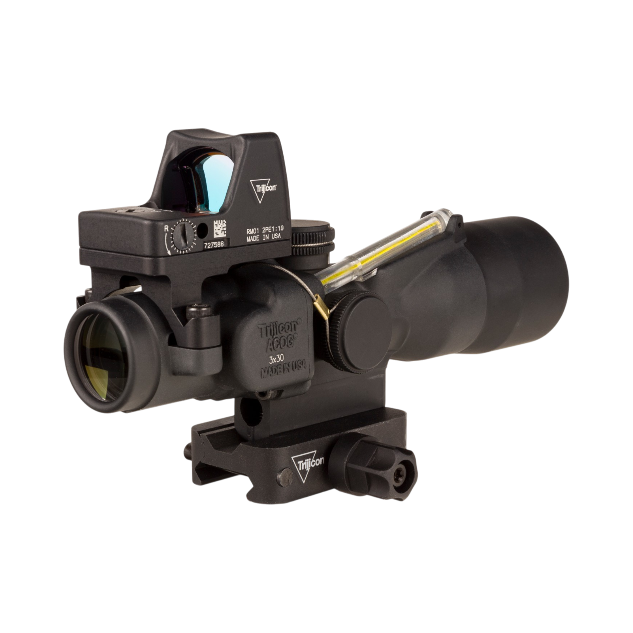 Trijicon Comp. ACOG® 3x30, D.I. Amber HS/Dot 5.56x45mm/62gr. Ret. w/Q-LOC & 3.25 MOA Red RMR Type 2