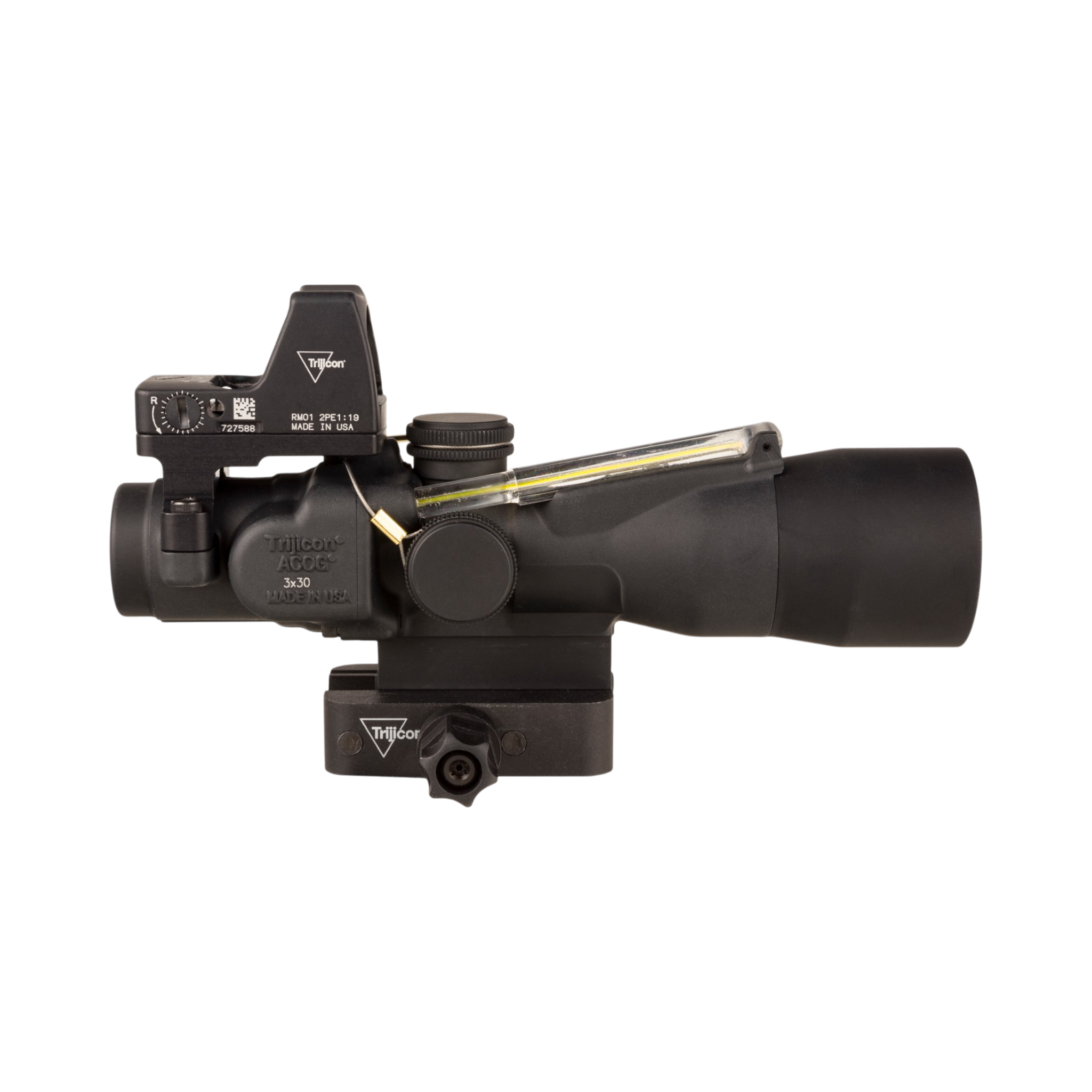 Trijicon Comp. ACOG® 3x30, D.I. Amber HS/Dot 5.56x45mm/62gr. Ret. w/Q-LOC & 3.25 MOA Red RMR Type 2