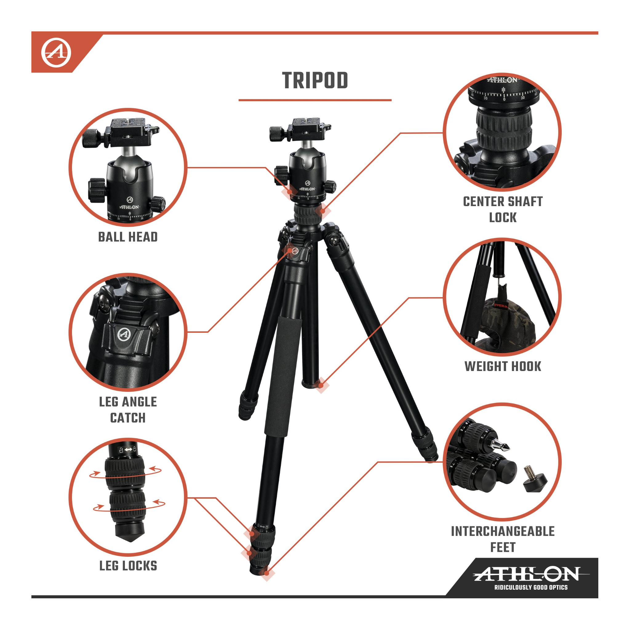 Athlon Midas AL28 - Aluminum Tripod (28mm tube), Ball Head (36mm), Soft carrying case, Accs.