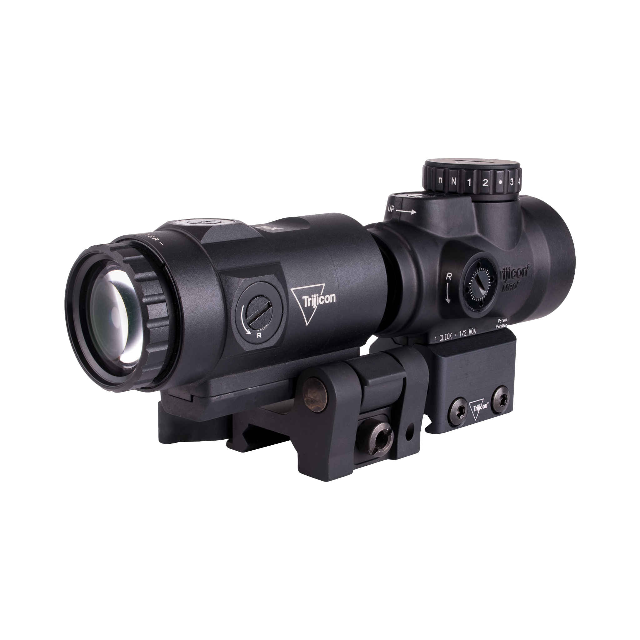 Trijicon MRO® SD 1x25 ar 3x palielinātāju, regulējams LED ar 2,0 MOA punktu; pilnībā pulksteņrādītāja virzienā pagriežams Q-LOC (AC32070); 3x palielinātājs ar QR-FTS