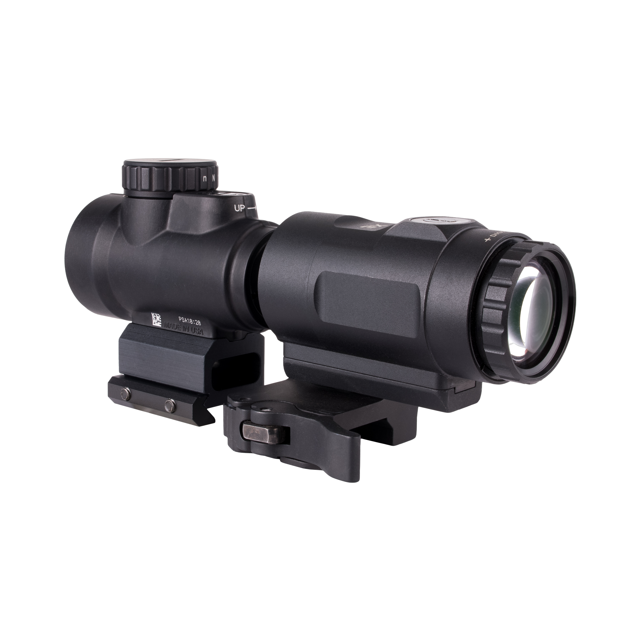 Trijicon MRO® SD 1x25 ar 3x palielinātāju, regulējams LED ar 2,0 MOA punktu; pilnībā pulksteņrādītāja virzienā pagriežams Q-LOC (AC32070); 3x palielinātājs ar QR-FTS